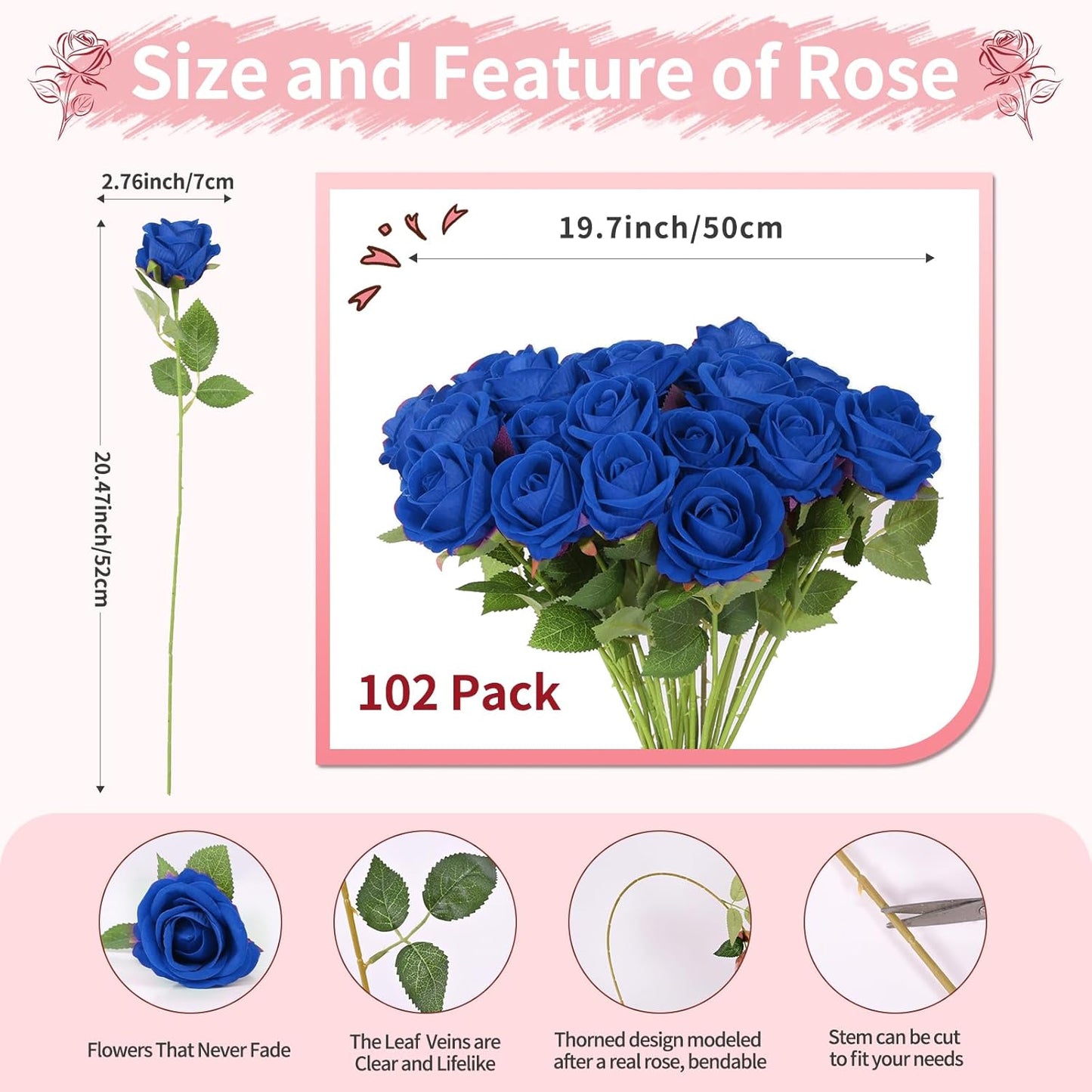 102 PCS Fake Roses Artificial Flowers Bulk, Blue Roses Bridal Bouquet Silk Faux Rose with Stems for Wedding Flowers Decoration, Valentine's Day, Bridal Bouquet, Anniversary,Home Decor(102PCS, Blue)