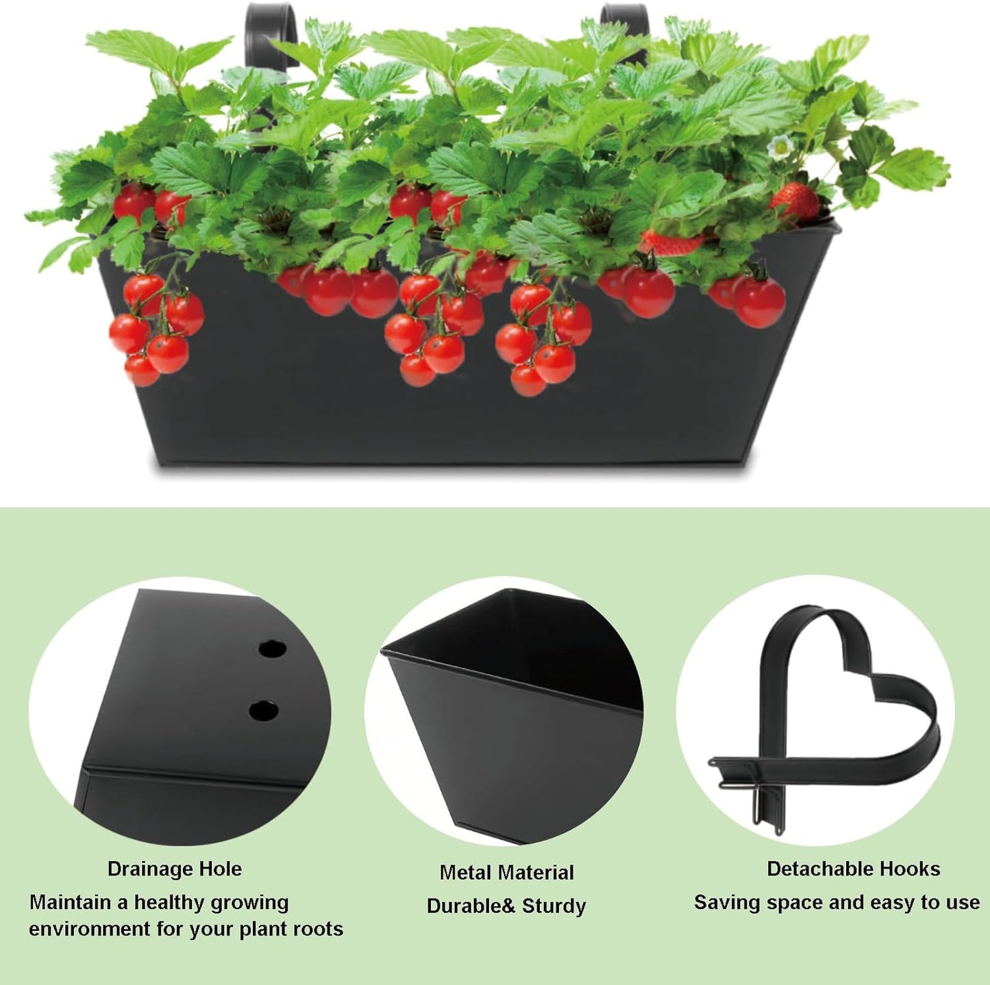3 Pcs Large Hanging Flower Pots for Railing Or Fence 16 Inch Railing Planter Box for Any Balcony, Porch or Deck Countryside Style Window Planter Boxes Are Perfect to Herbs & Flowers for Garden (Black)