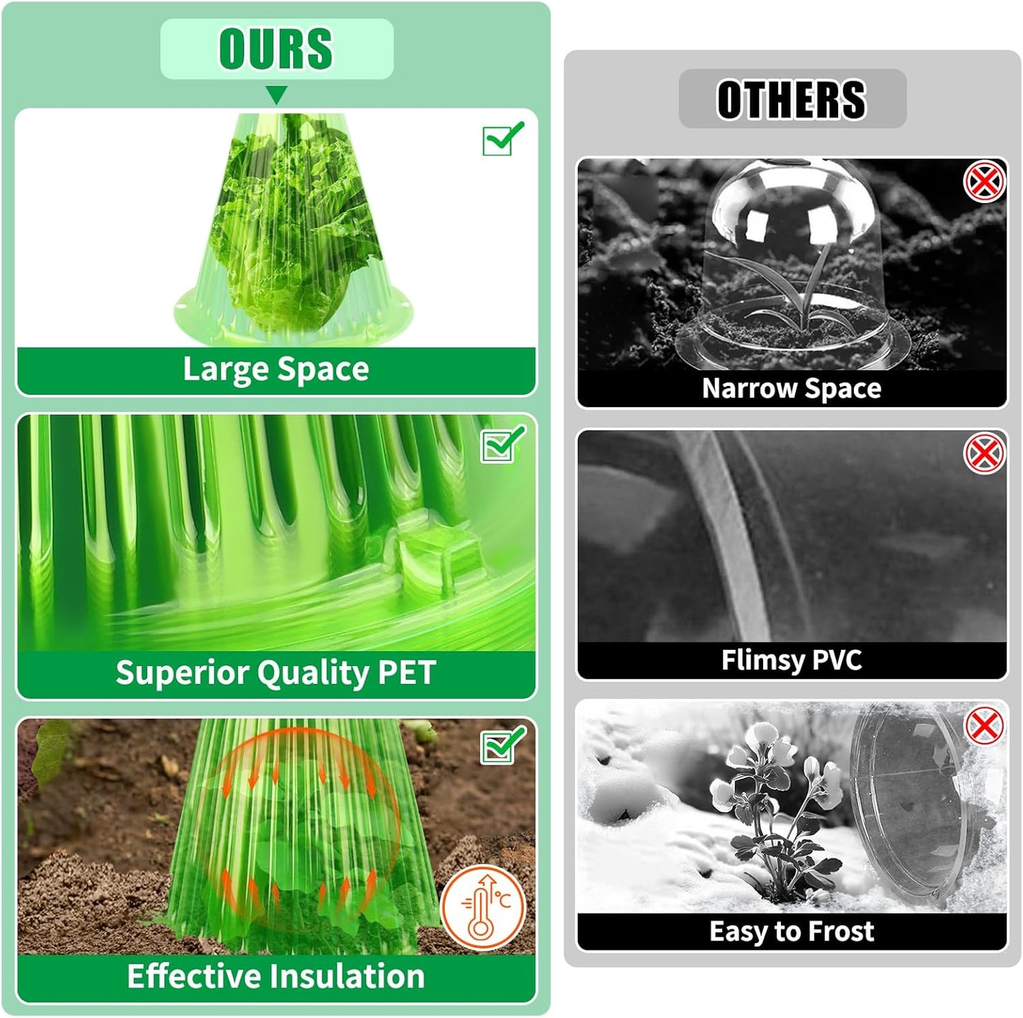 UQM 50 Pack Garden Cloches for Plants, Reusable Bell Plant Protector with Rotary Vent Cover, Garden Protection from Animals Snails Birds Chickens Insect, 9.18" H X 7.56" D (Green)