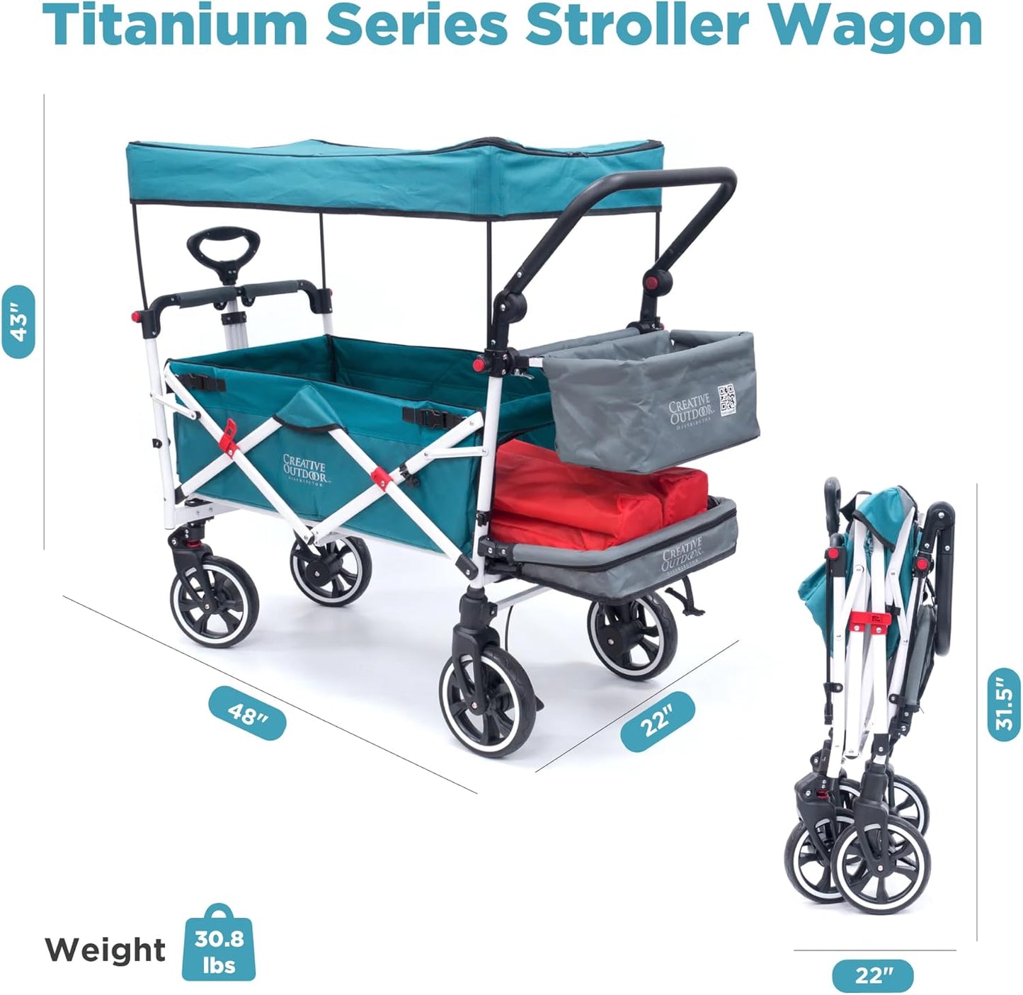 Creative Outdoor Wagon for Kids Push Pull Collapsible Stroller with Canopy Folding Cart | Titanium Series Plus | Beach, Park, Garden (Solid Teal)