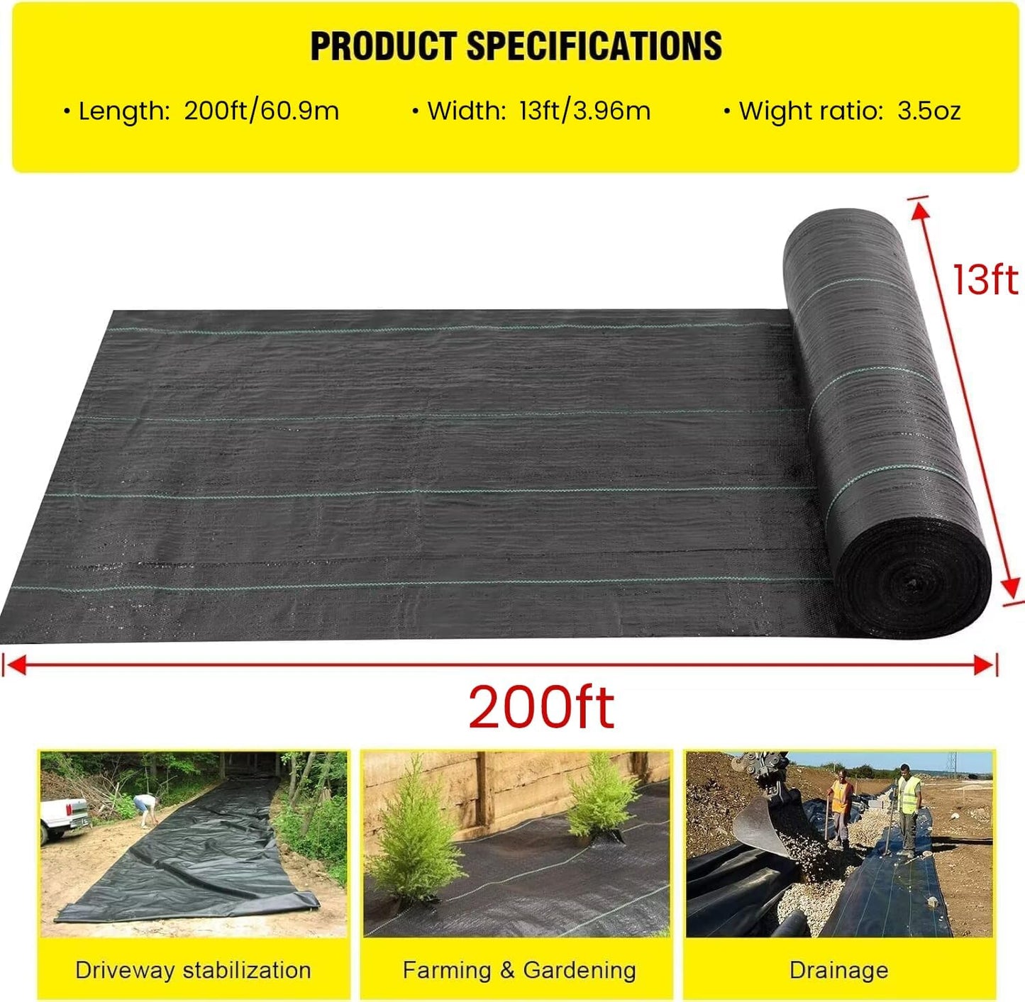 Doniks 13x200ft Driveway Fabric,3.5OZ Commercial Heavy Duty Weed Barrier Fabric, Garden Landscape Fabric,French Drain Fabric for Erosion Control,Landscape Fabric,Weed Barrier,Construction Projects