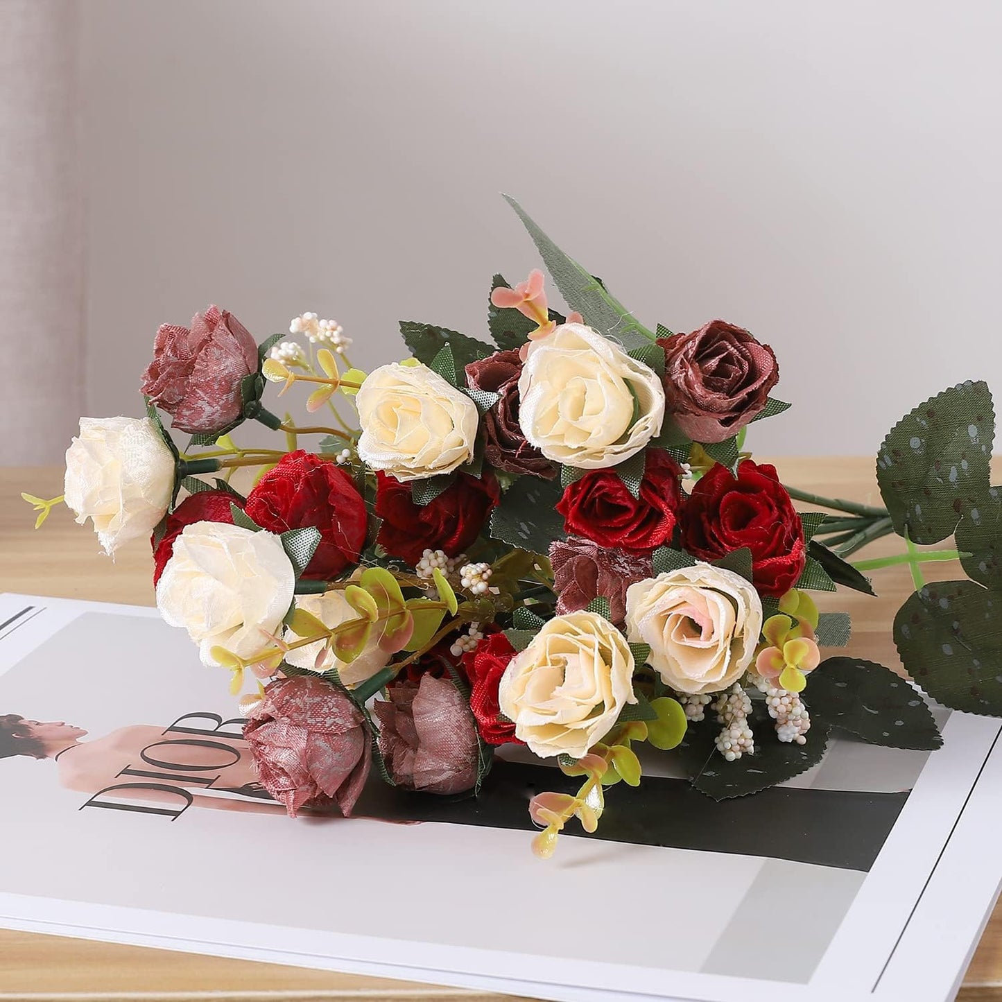 Duovlo 7 Branch 21 Mini Rose Heads Artificial Flowers Bouquet Wedding Home Office Decor,Pack of 2 (2 PCS Red)