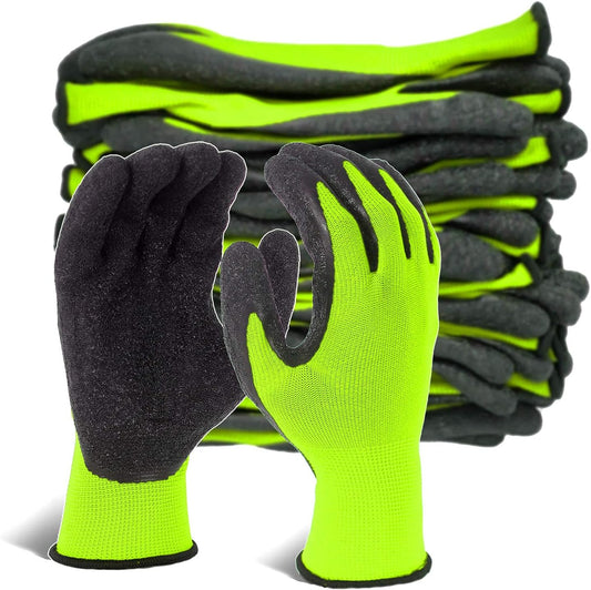 Evridwear Crinkle Latex Rubber Hand Coated Safety Work Gloves for Men Women General Multi Use Construction Warehouse Gardening Assembly Landscaping (9/L, Green- 12Pair)