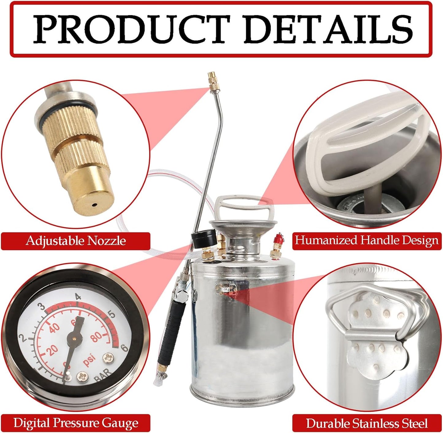 Hand Pump Sprayer Stainless Steel Sprayer for Indoor and Outdoor 1.5 Gallon Sprayer 16 in Wand 3.3 FT Hose