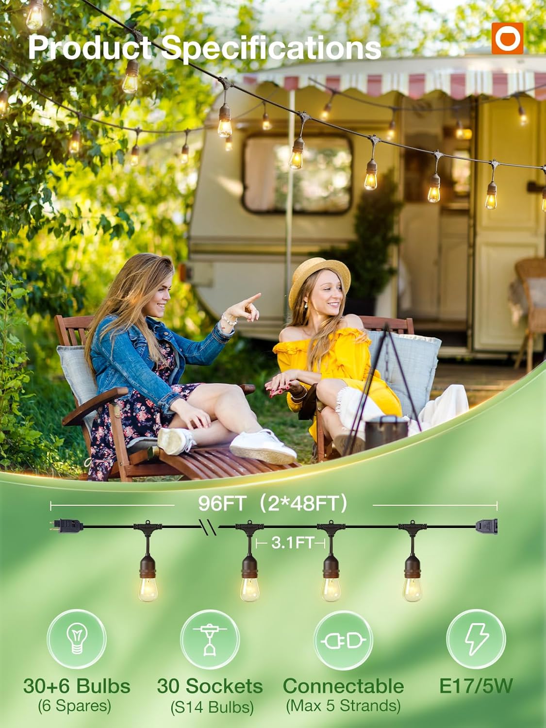 addlon 96FT(48FT*2) Outdoor String Lights Commercial Grade Weatherproof Strand, 36 Edison Vintage Bulbs, 30 Hanging Sockets 6 Spare Bulbs ETL Listed Decorative Christmas Lights for Patio Garden