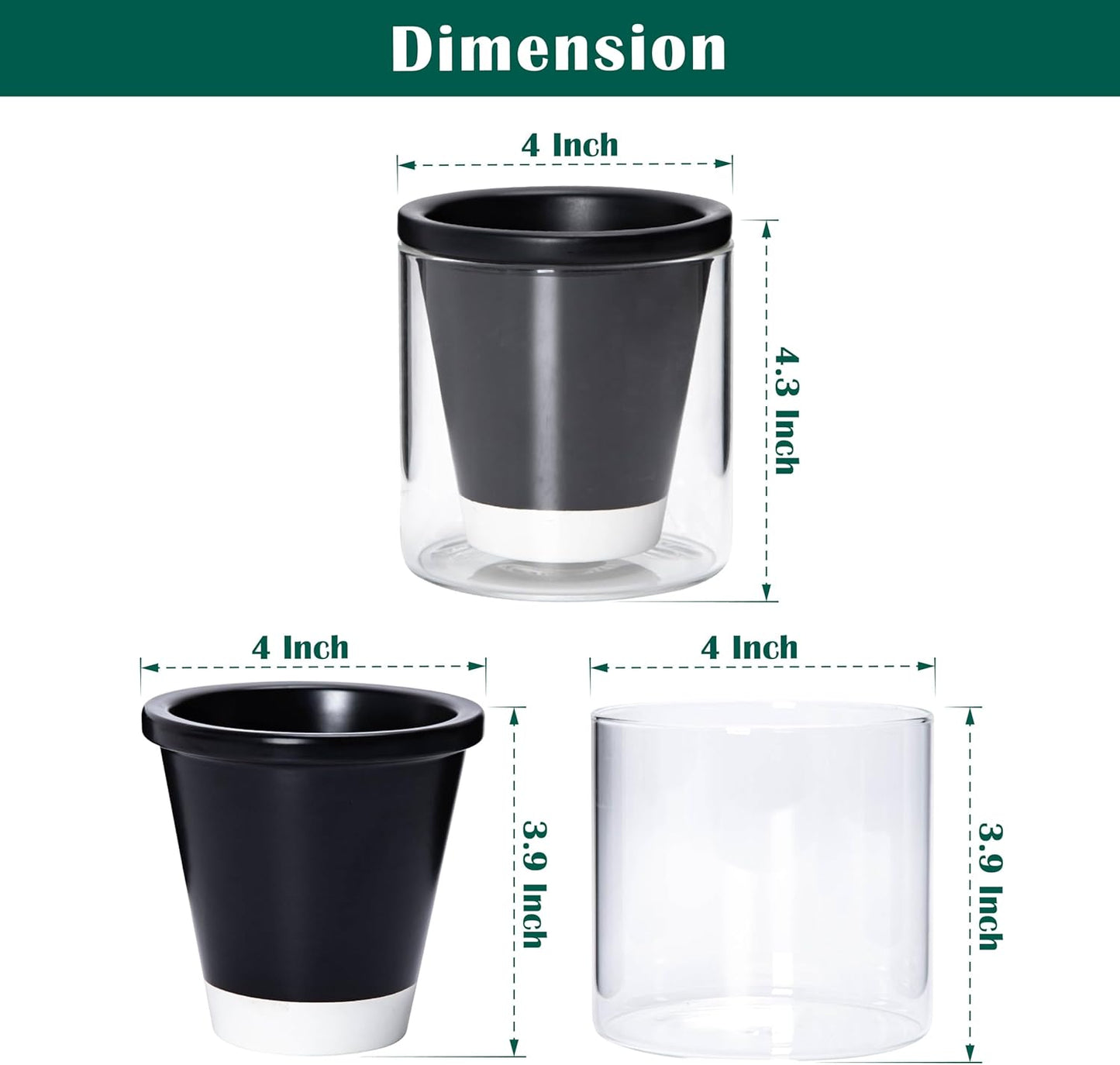 D'vine Dev 4 Inch Design Self Watering Planter for Indoor Plants, Black Terracotta Pot with Cylinder Glass Cup, Set of 4, 37-Z-A-3-F