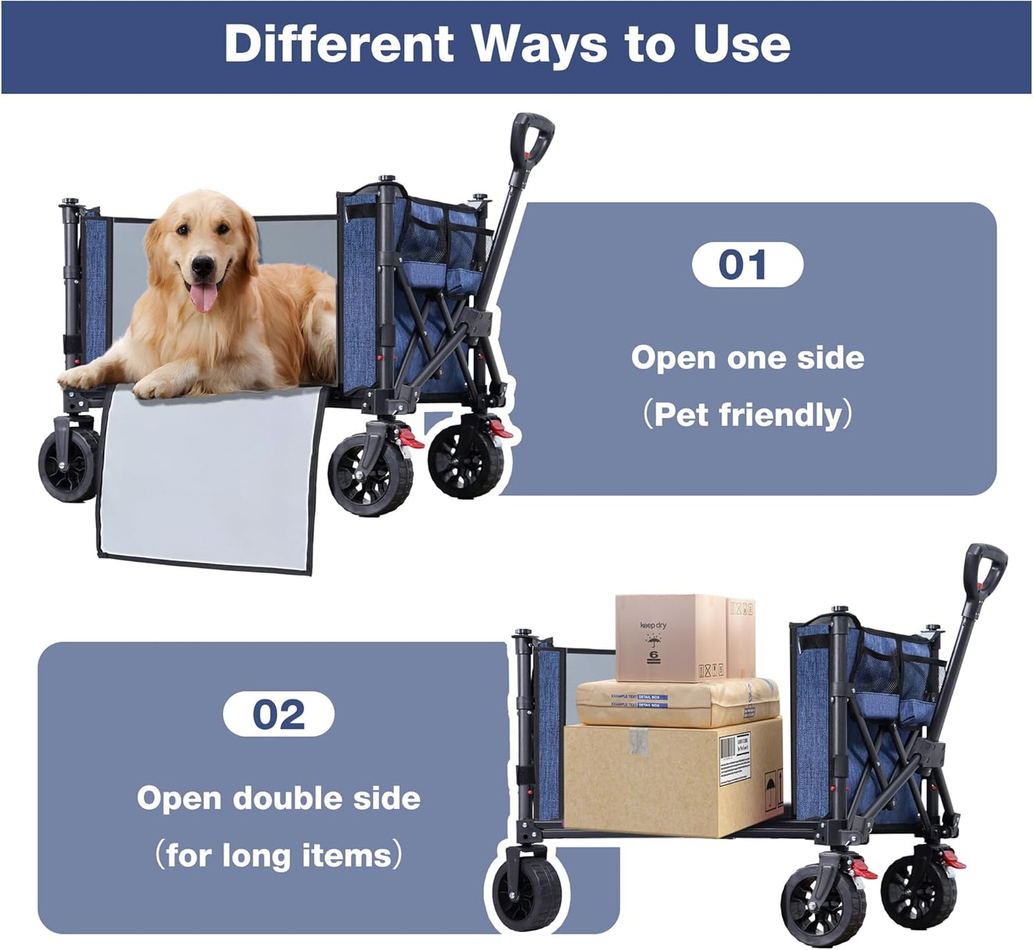 Collapsible Wagon Cart Foldable with Big Wheels Brakes, 250lbs Folding Utility Lightweight Garden Wagon, Portable Grocery Cart for Camping Shopping Sports Pets, Blue