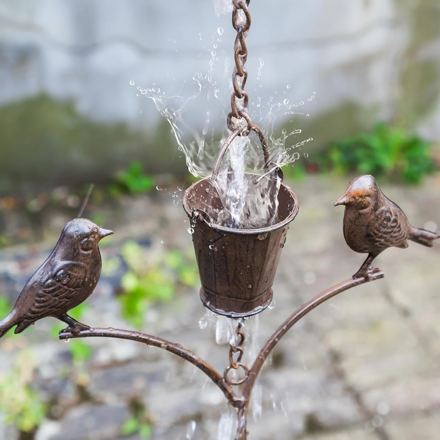 Metal Rain Chain Decoration 6.3FT., Rain Catcher Metal Chain Gutter Downspout 76'' for House Eaves, Garden & Home, Birds & Buckets Shape Rain Chains