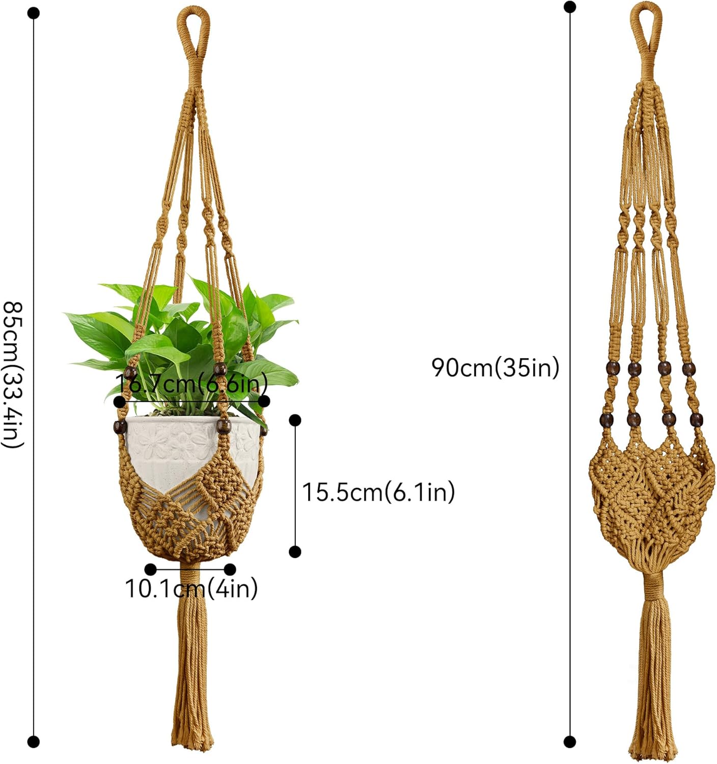 USLAI Macrame Handmade Basket Plant Hanger (2-Pack), for 3-8 Inch Pots, Indoor Outdoor Strong Hanging Planter Flower Pot Holder with Beads and Tassels, Boho Home Decor (POTS NOT Included) (Brown)