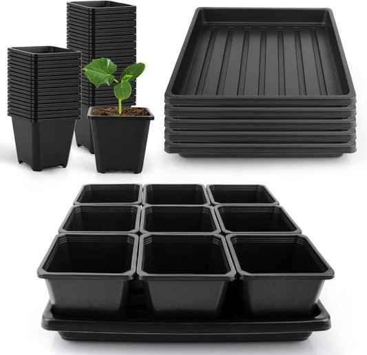 50Pcs 3.5inch Square Nursery Pots with 5Pcs Seed Starting Trays, Seed Starter Tray Kit, Seeds Starting Germination, Seeding Pots with Drain Holes, Small Plant Nursery Propagation