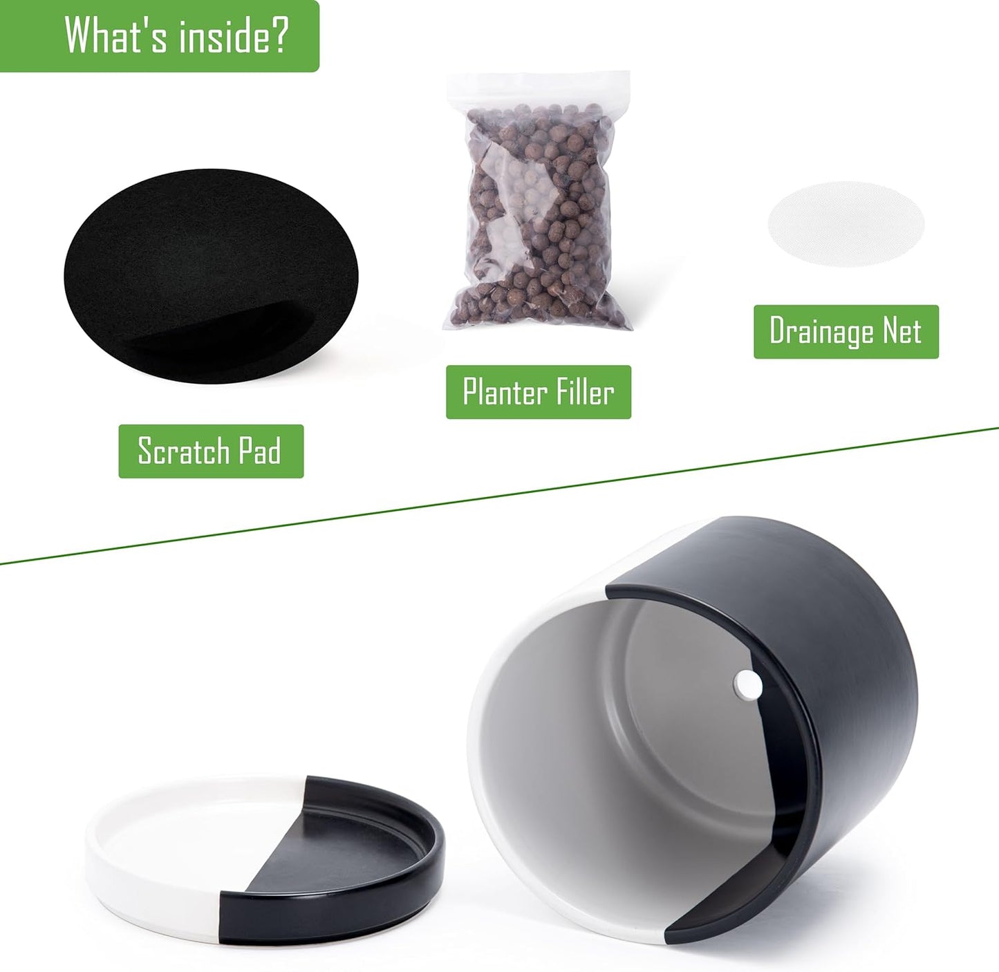 D'vine Dev 6.5 Inch Ceramic Planter Pot with Drainage Hole and Saucer, Indoor Cylinder Round Planter Pot, Split Monochrome Black & White, 94-O-C-0