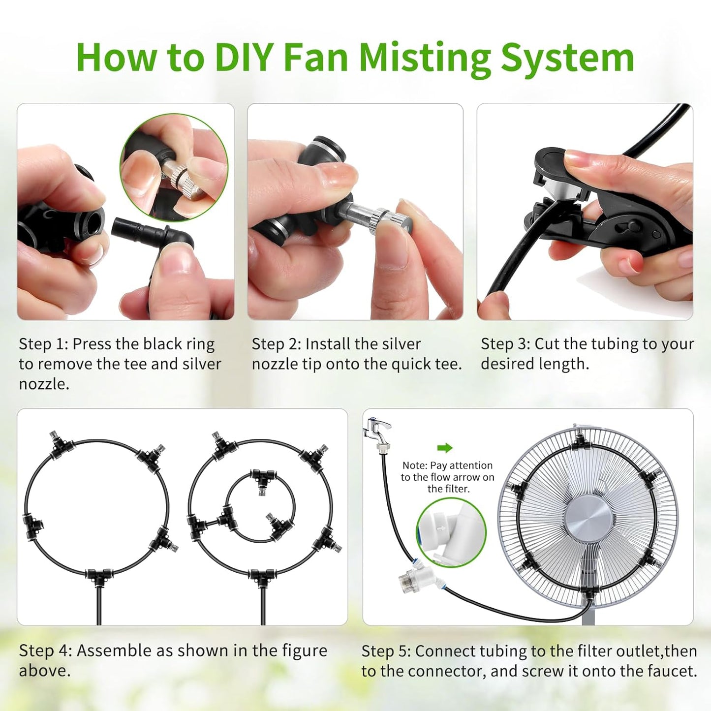 Outdoor Misting Cooling System, 32FT (10M) Misting Line + 8 Adjustable 360° Nozzles + 3/4” Threaded Adapter, Garden, Greenhouse, Misters for Outside Patio