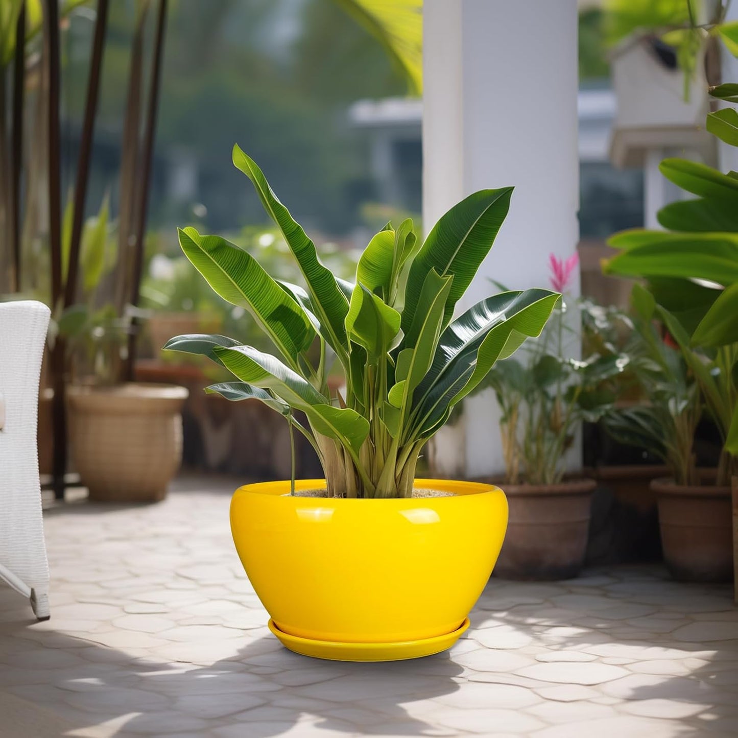 Ceramic Planter for Indoor Plants - 13 Inch Mid-Century Decorative Modern Large Plant Pot with Drainage Hole and Saucer, Home Balcony House Garden Patio Room Office Decor, Yellow