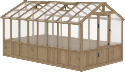 BlueWish 8x16FT Wood Greenhouse, Greenhouses with Cedar Frame, 6MM Thick Polycarbonate Panel, Wooden Green House with Adjustable Vent, Greenhouse for Outdoor, Patio, Garden, Backyard