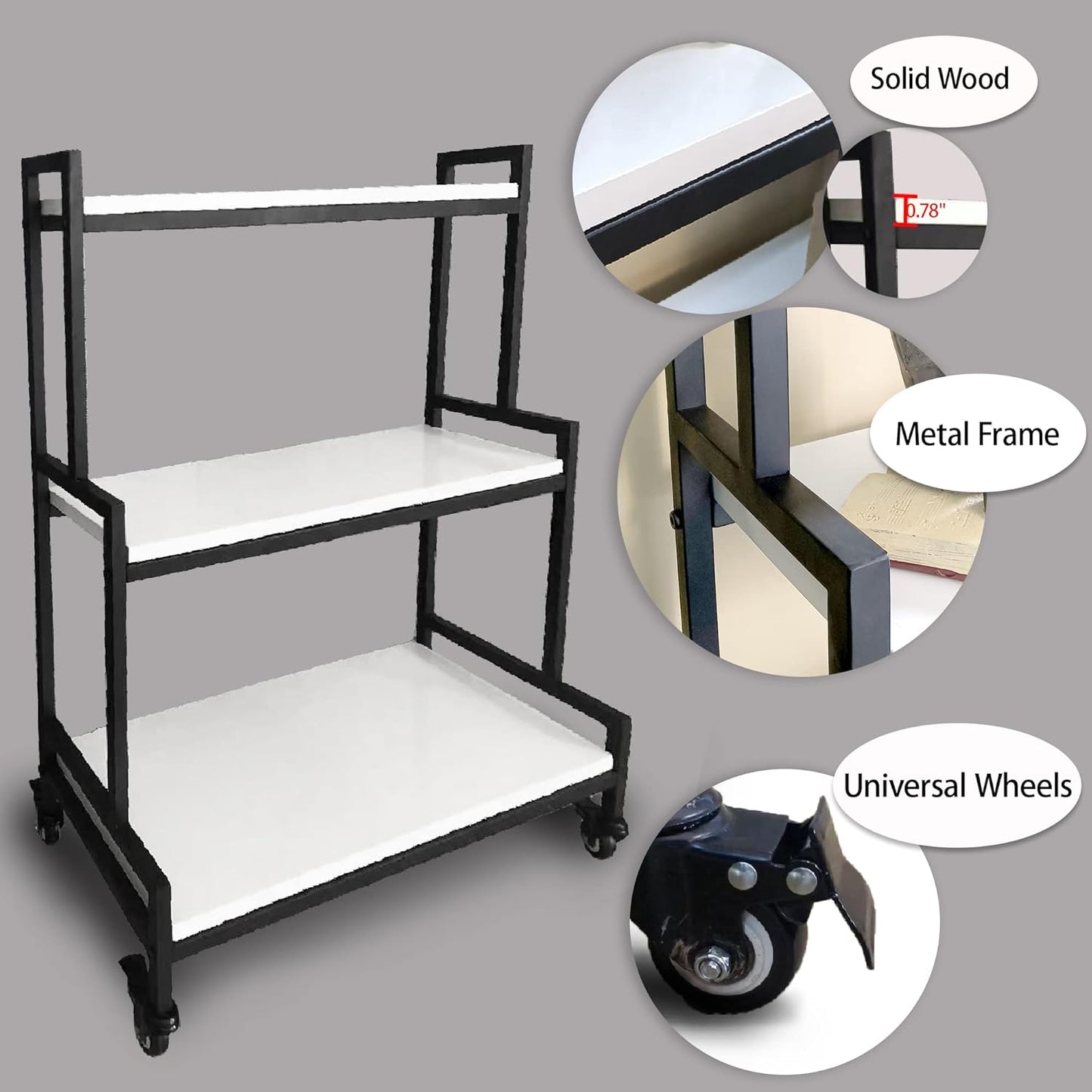 Rustic Plant Stand With Wheels, Rolling Shelves Rack Indoor Outdoor, Metal Stand With Solid Wood for Multiple Plants, Industrial Ladder Flower Shelf for Garden, Living Room, White