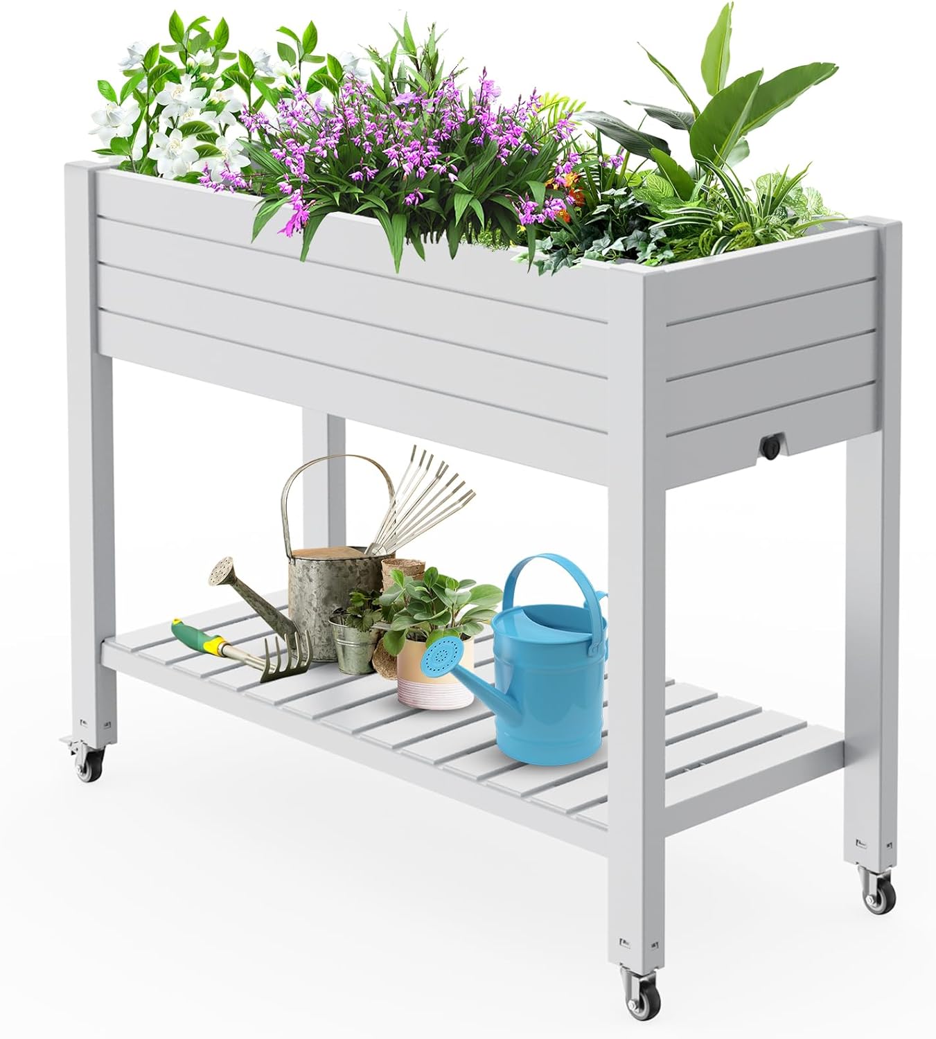 Elevated Horticulture Raised Garden Bed with Legs, Divisible Raised Resin Planter Box for Backyard, Patio, Balcony, with 4 Legs, 4 Swivel Lockable Wheels, and Storage Shelf,Ashen