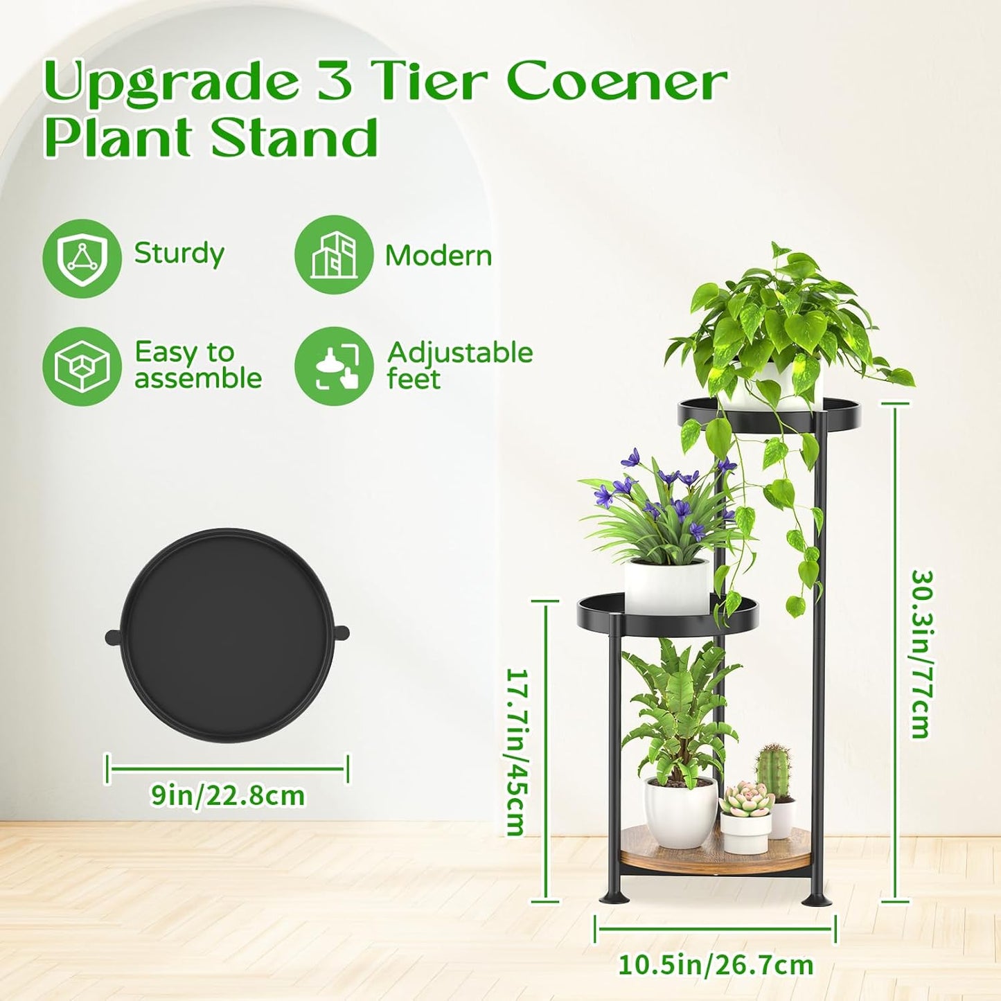 3 Tier Plant Stand Indoor Outdoor, Corner Tierd Metal Flower Shelf Pot Holder Clearance, Tall Multiple Plants Rack Narrow Display Organizer for Patio Orchid Office Porch Living Room Garden,Black