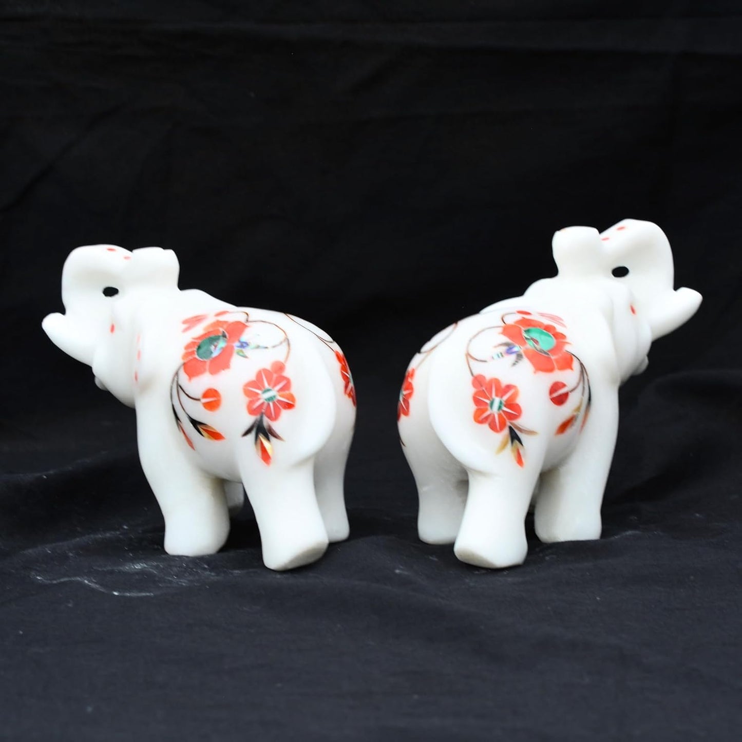 Marble Inlay Elephant Statue 4" Inch (2 Piece) Hakik Stone Inlay Work Semi Precious Stone - Hand Carved Artistic Sculpture Perfect for Home & Office Decor Elegant Decor for Any Space