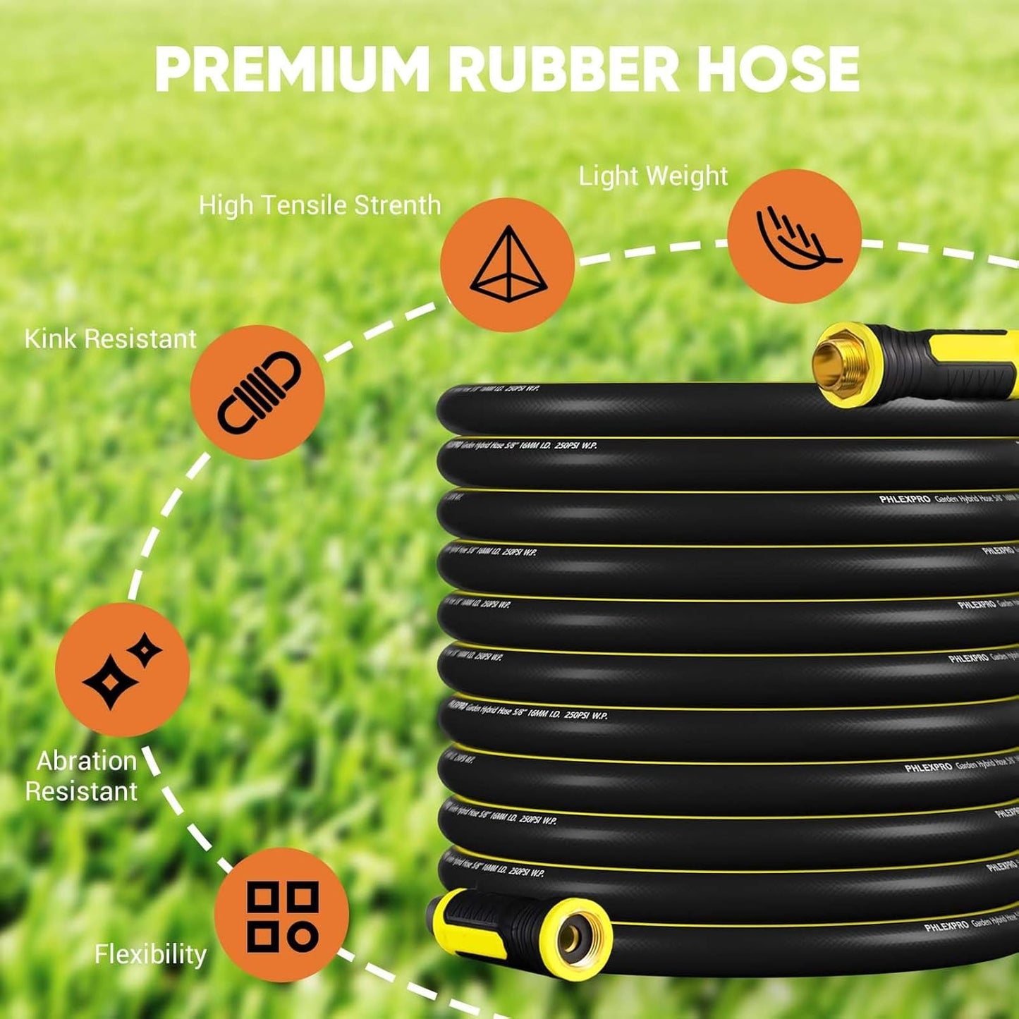 Garden Hose 50FT - PHLEX PRO Heavy-Duty Premium 5/8'' Rubber 3-Layer Water Hose - Innovation Flexible Hybrid Lightweight Water Hose, Full Brass Male to Female Fittings (RyobiGreen)