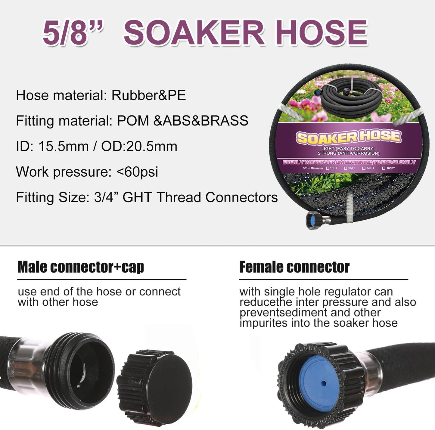 Short Soaker Hose 15ft - Garden Rubber Soaking Drip Hoses 5/8" Saving 70% Water Garden Hose, Drip Irrigation Round Hose for Lawn Yard, flower beds