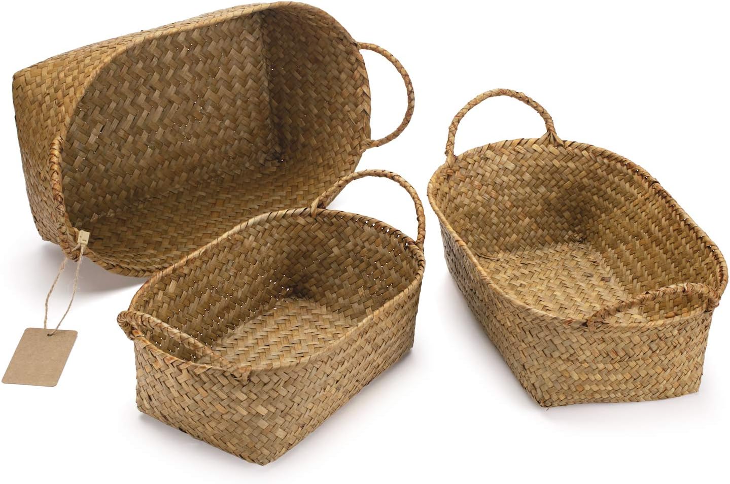 Seagrass Woven Baskets for Storage Natural Shelf Basket with Handle for Organizer Stackable Oval Set of 3 (Large+Medium+Small)