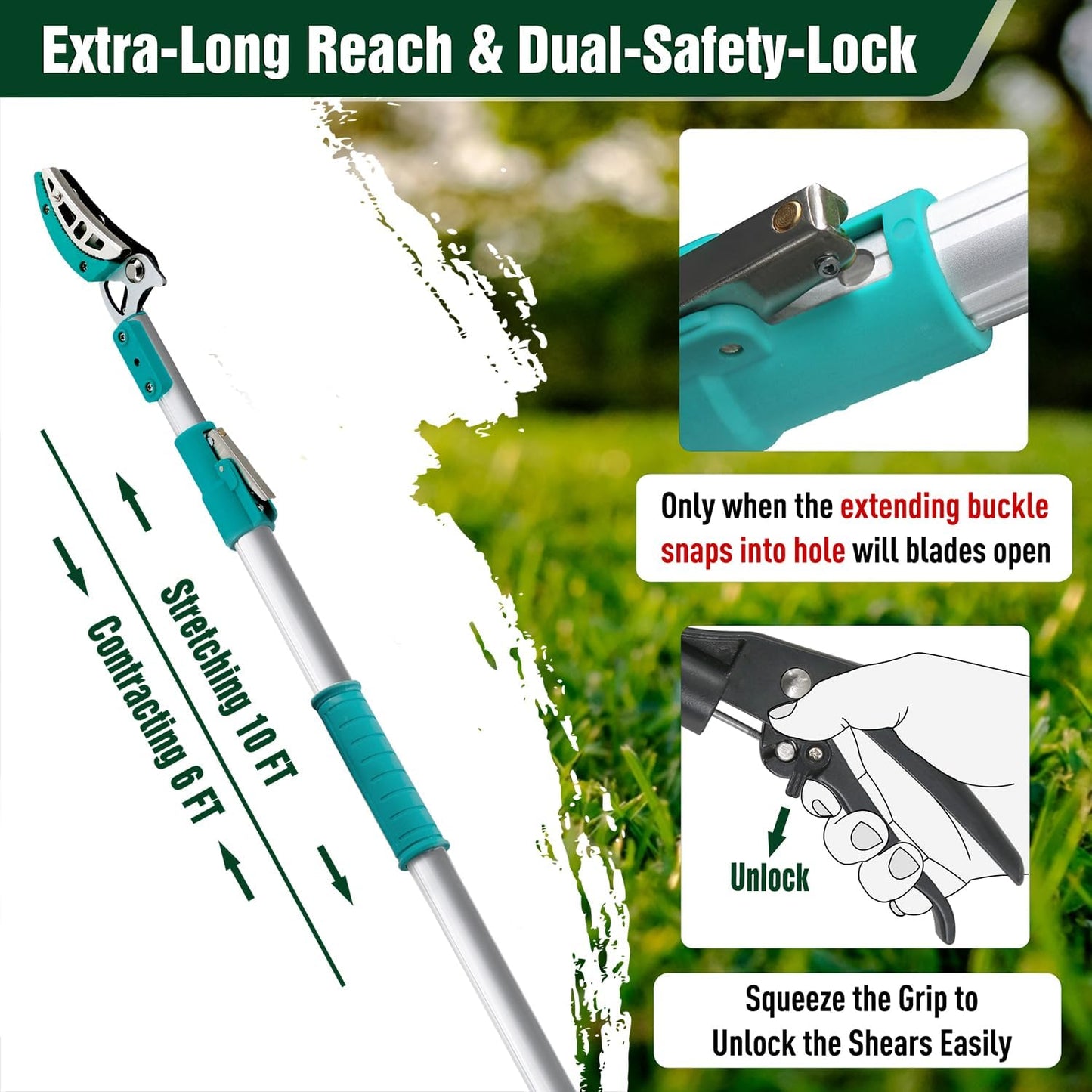 JARDINEER Lightweight Tree Pruner Extendable, 6-10ft Tree Trimmers Long Handle Pruner, Ergonomic Grip Long Reach Pole Pruning Shear and Stable Fruit Picker Pole