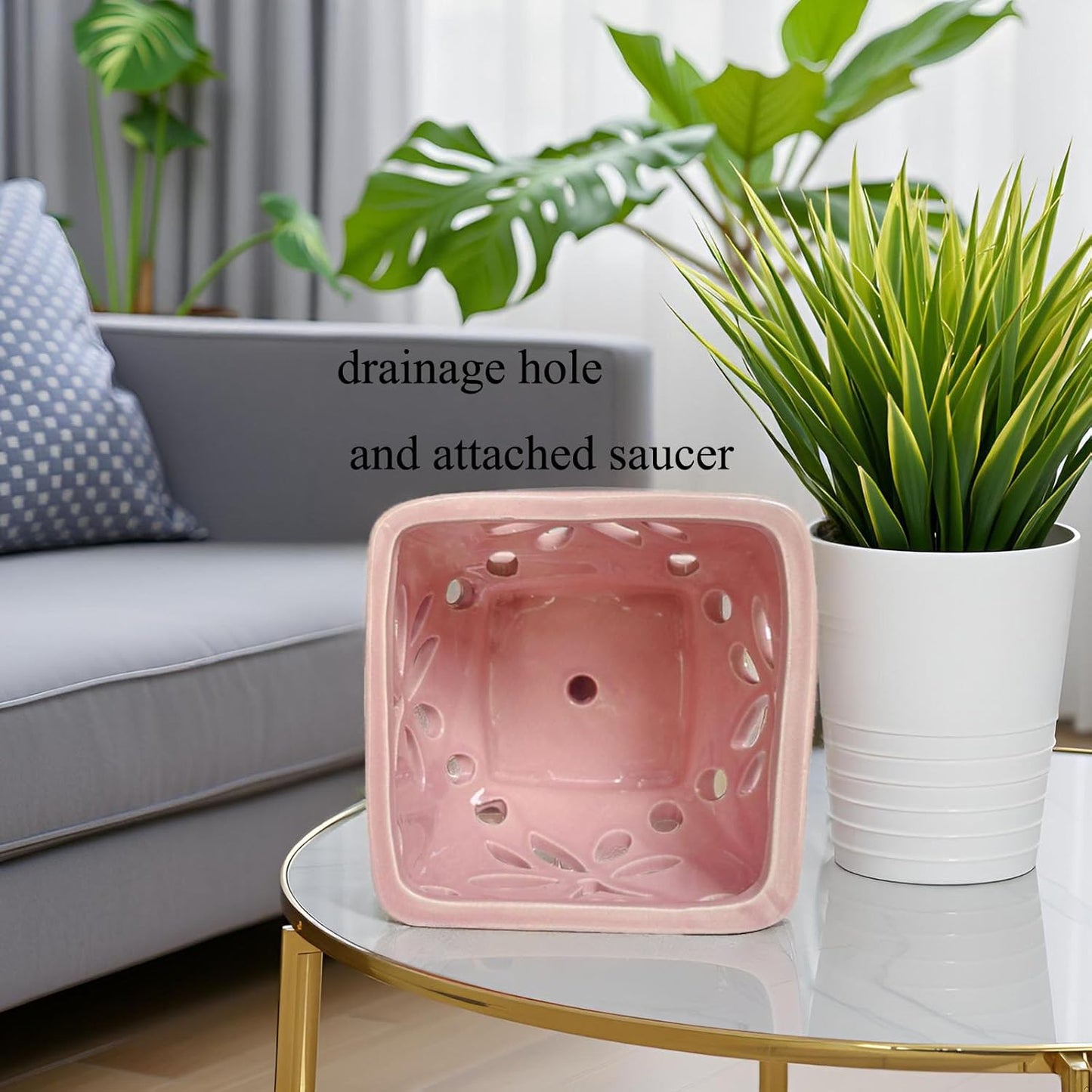 Orchid Pots with Holes Square Ceramic Orchid Planter Pots 5.5 inch (Pink)