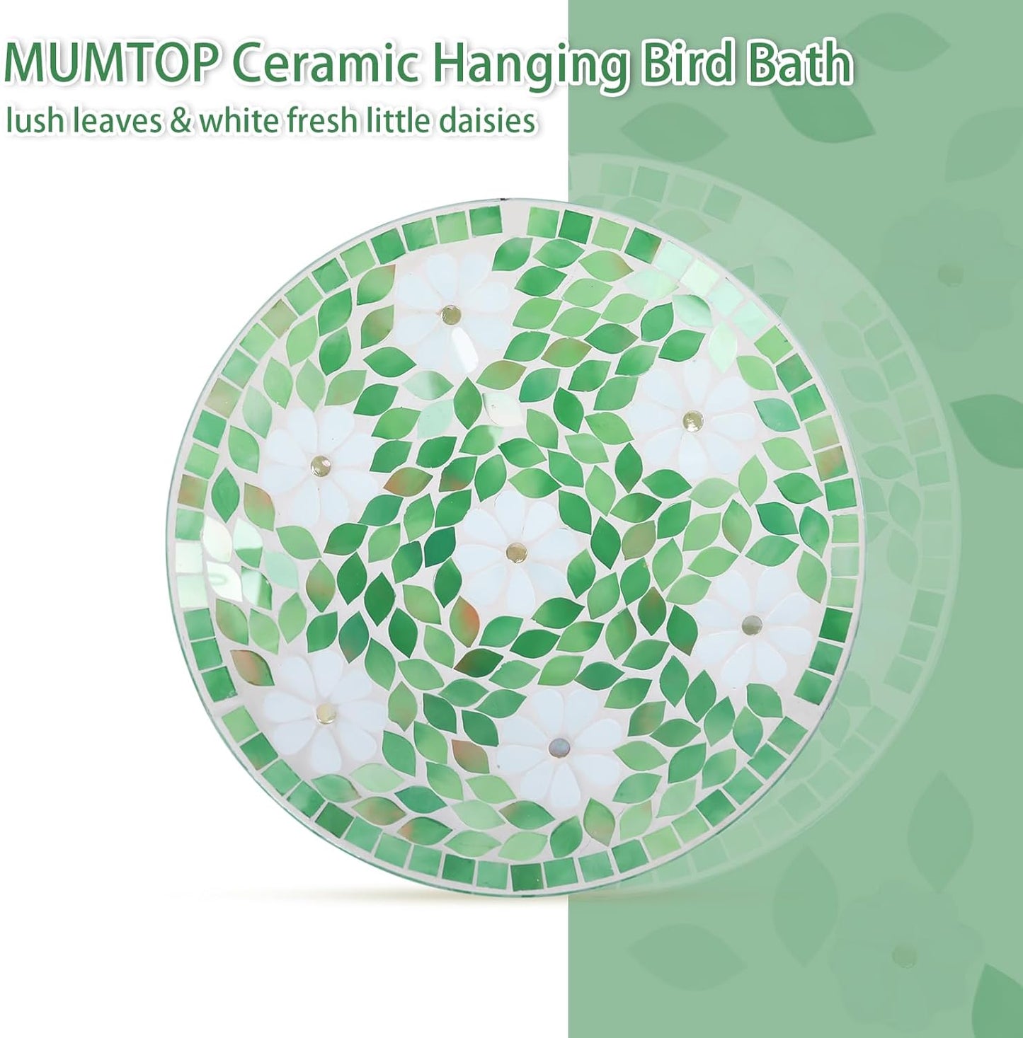 MUMTOP Mosaic Hanging Bird Bath-Bird Baths for Outdoors - 12 Inch Glass Birdbath Bird Water Bowl Bird Feeders for Outside, Garden, Lawn Yard Decor（Flower & Leaf）