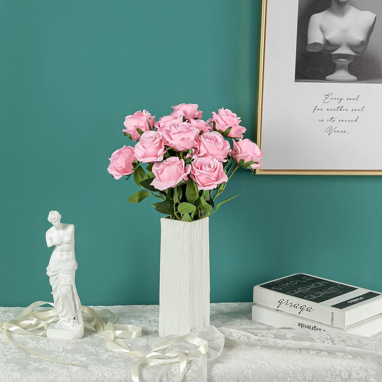 Pink Fake Roses Artificial Flowers - 16 Pcs Fake Artificial Roses Silk Flowers with Stems for Home Wedding Hotel Office Centerpiece Decor