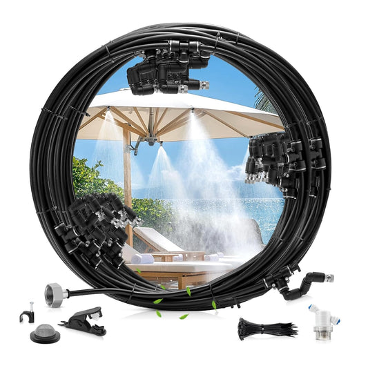 Misters for Outside Patio, 65FT (20M) Misting Line + 18 Adjustable 360° Nozzles + 3/4” Threaded Adapter, Misting Cooling System for Patio, Garden, Greenhouse, and Trampoline