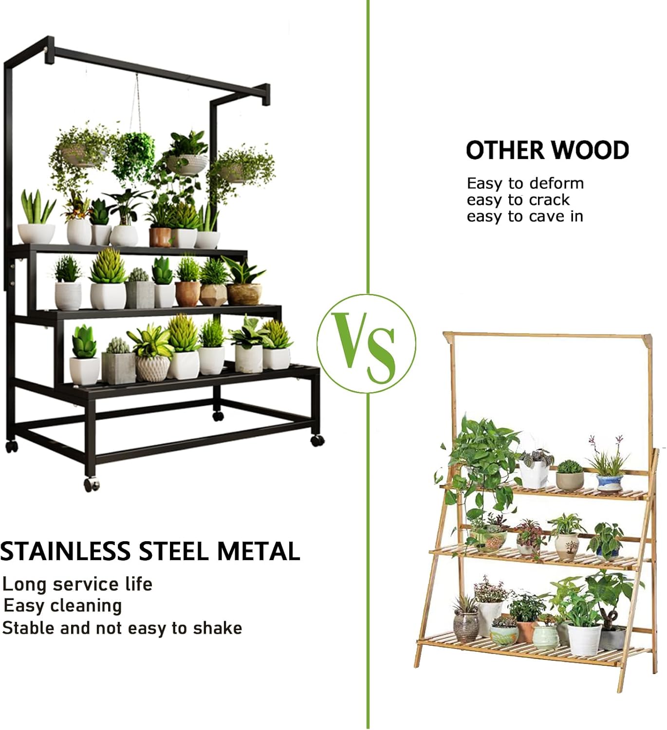 39in Large Metal Plant Stand, 3 Tier with Hanging Tall Plant pot shelf (67in), with Rollers Heavy Duty Plant Holder, for Home/Garden/living room/balcony (BLACK, 39IN)