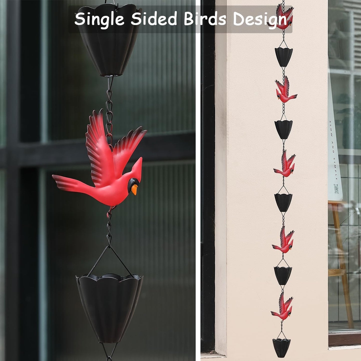 Cardinal Rain Chain, 8.5Ft Rain Chains for Gutters and Downspouts, Metal Decorative Rain Catcher Chain, Bird and Cup Rainwater Gutter Chimes for Outside, Outdoor Garden Decor