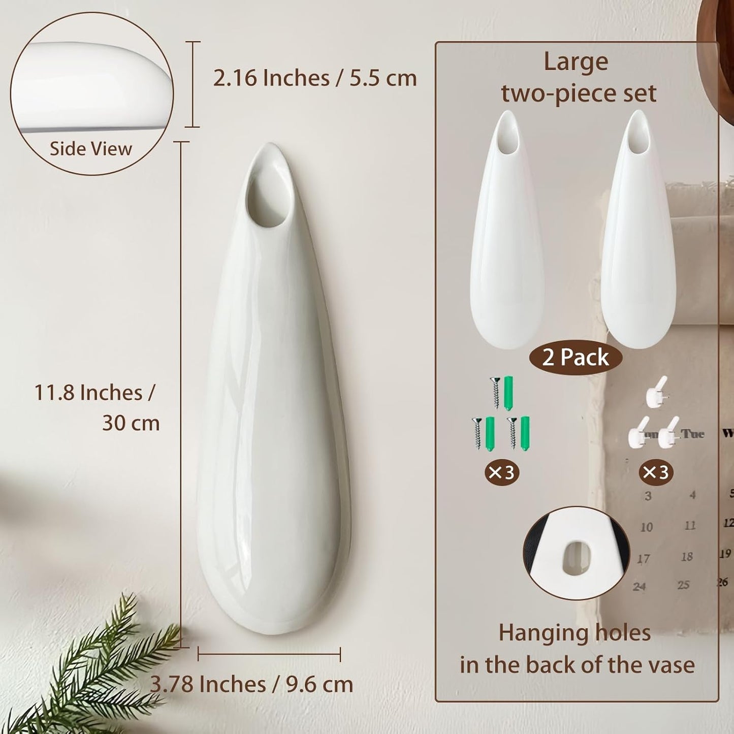 2 Pack White Ceramic Wall Vases,11.8 Inch Wall Hanging Plant Holder,Cubicle Modern Decor Plant Holder Vase for Indoor Plants, Hanging Propagation Flower Pots for Air Vases