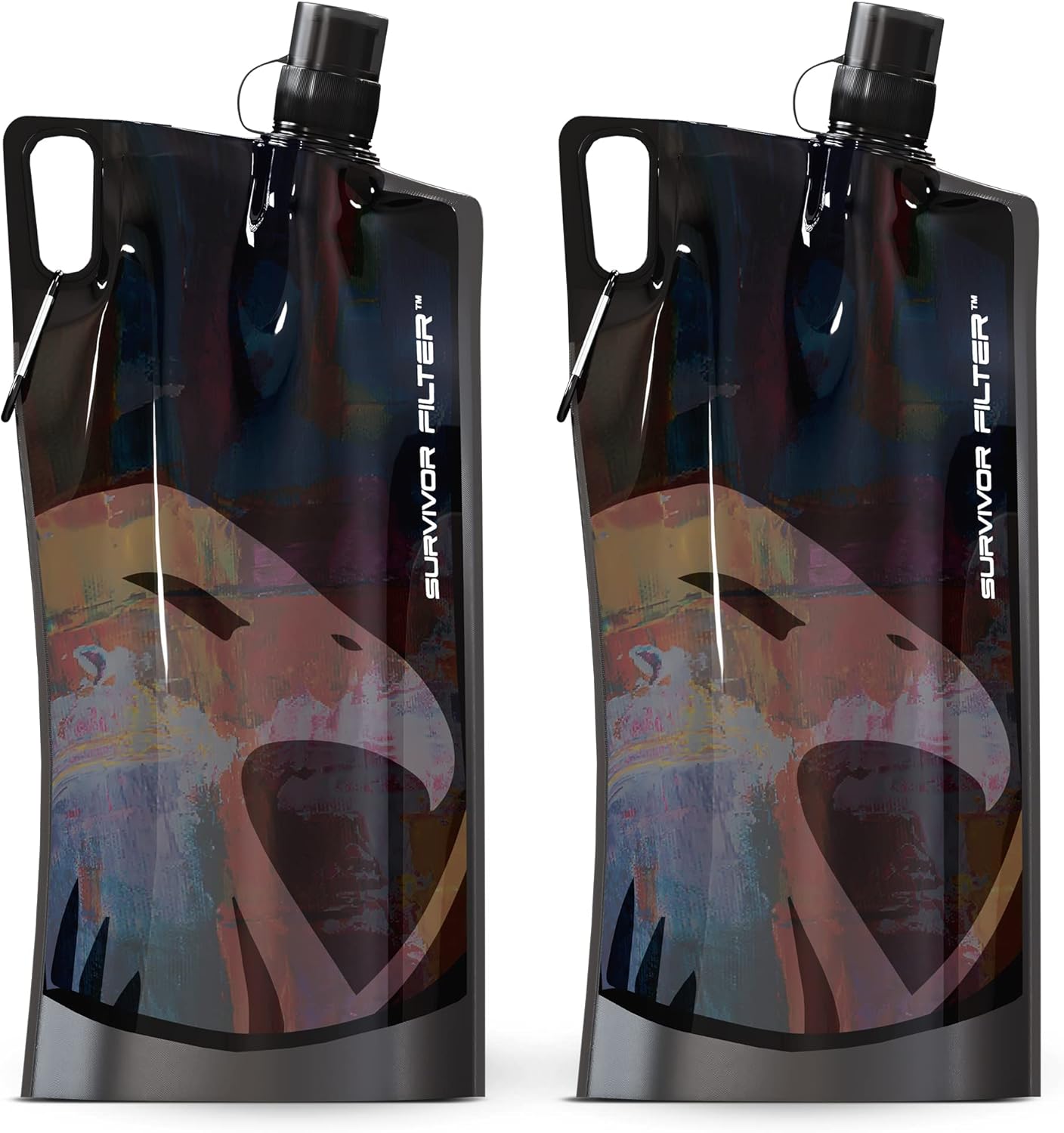 Survivor Filter Collapsible Water Bottles, Canteens (32oz) 2 Pack (2L Total) - Durable Carabiners and Handles. Squeeze Water through a Filter or Use as Water Bottles
