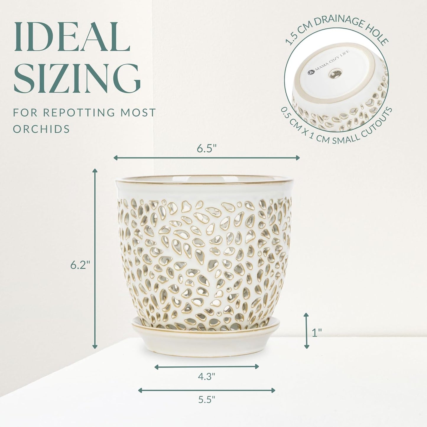 Elegant Orchid Pot with Holes, Large 6.5 inch Premium Porcelain Ceramic Orchid Pot for Repotting, Durable Ceramic Planter with Removable Saucer for Easy Drain, Planter Gifts for Moms