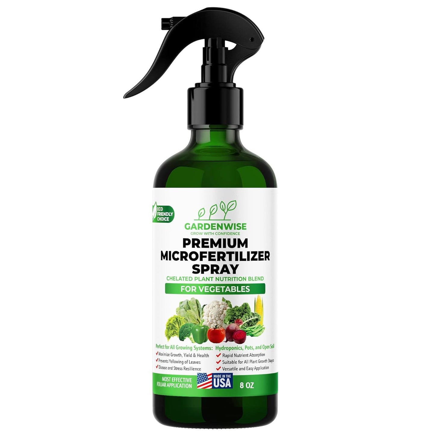 Premium Microfertilizer Foliar Spray - Chelated Plant Nutrition Blend with Chelated Iron for Vegetables. Perfect for Hydroponics, Pots, and Open Soil. Ready to Use (8 OZ)