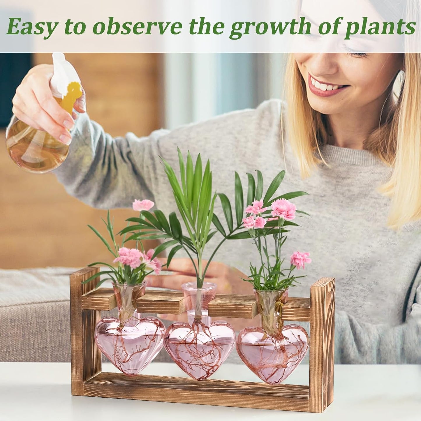 Lifecapido Heart Shaped Propagation Stations, Plant Terrarium with Wooden Stand, Plant Propagation Station for Hydroponics Plants Office Garden Home Decor, Gifts for Women Plant Lover (3 Vases, Pink)
