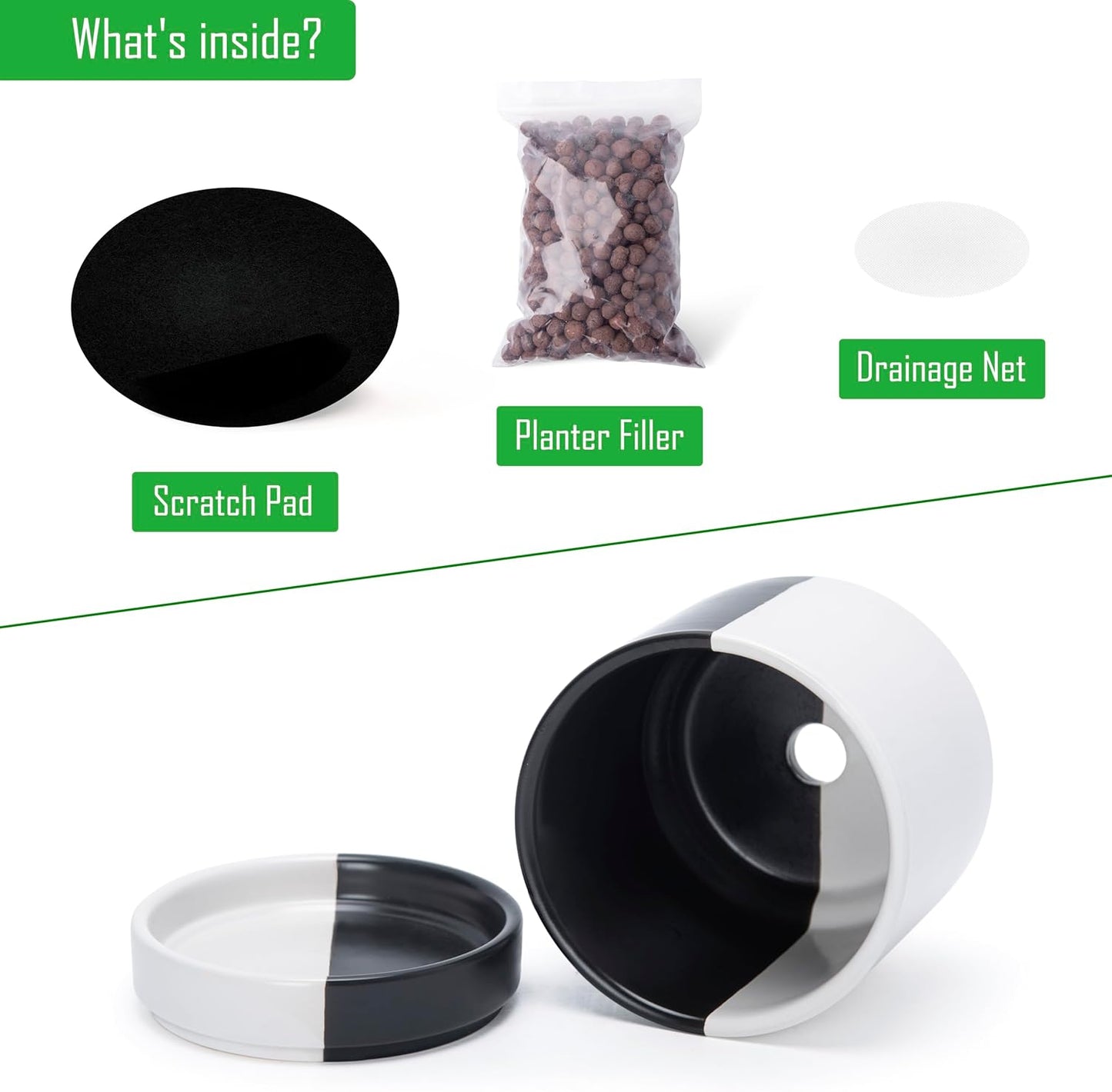 D'vine Dev 4.7 Inch Ceramic Planter Pot with Drainage Hole and Saucer, Indoor Cylinder Round Planter Pot, Split Monochrome Black & White, 94-O-B-0