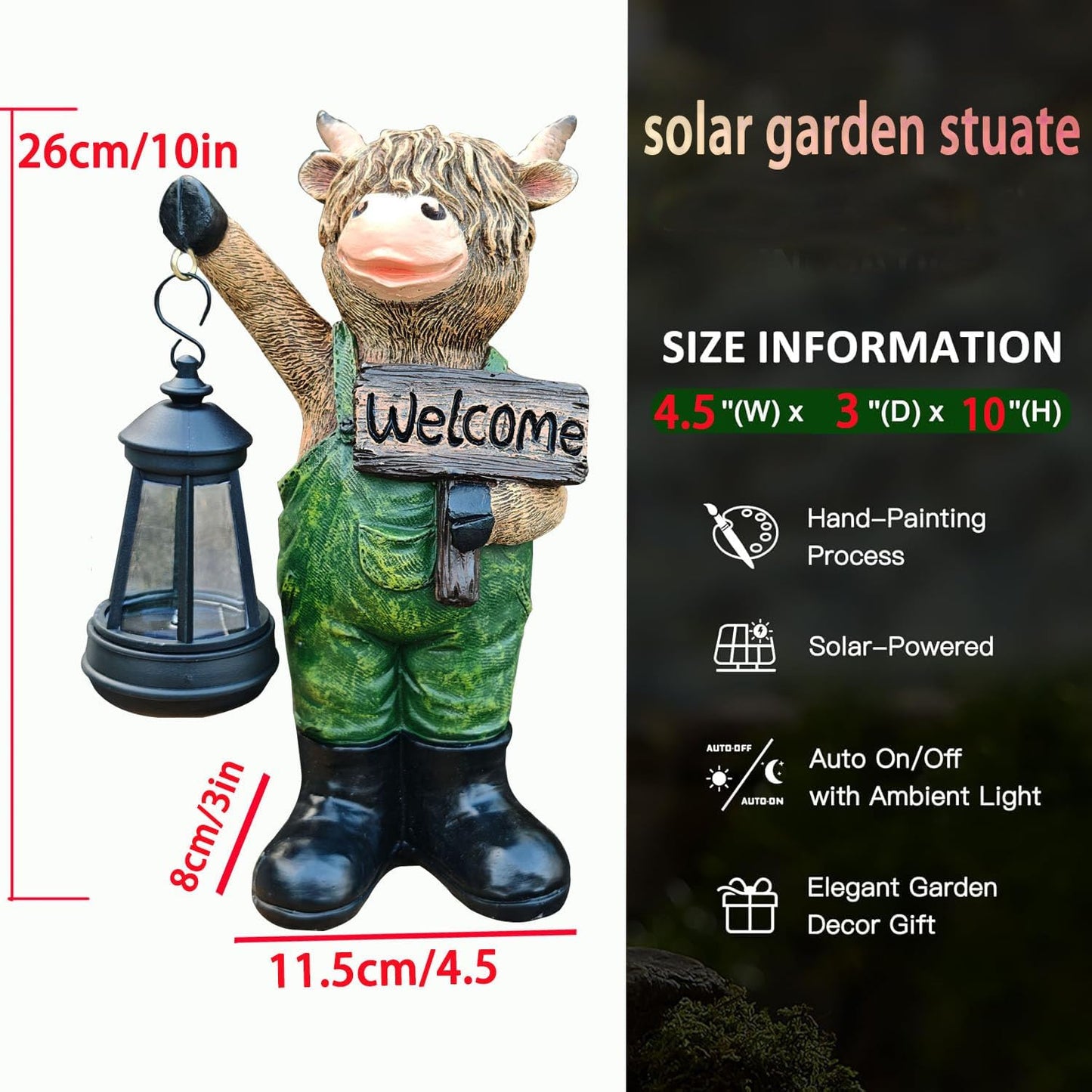 Solar Garden Decor Statues: Handmade Resin Statue with LED Light,Highland Cow Figurine Outdoor Garden Decor Unique Gifts for Women, Mom, Grandma (Green cow1)