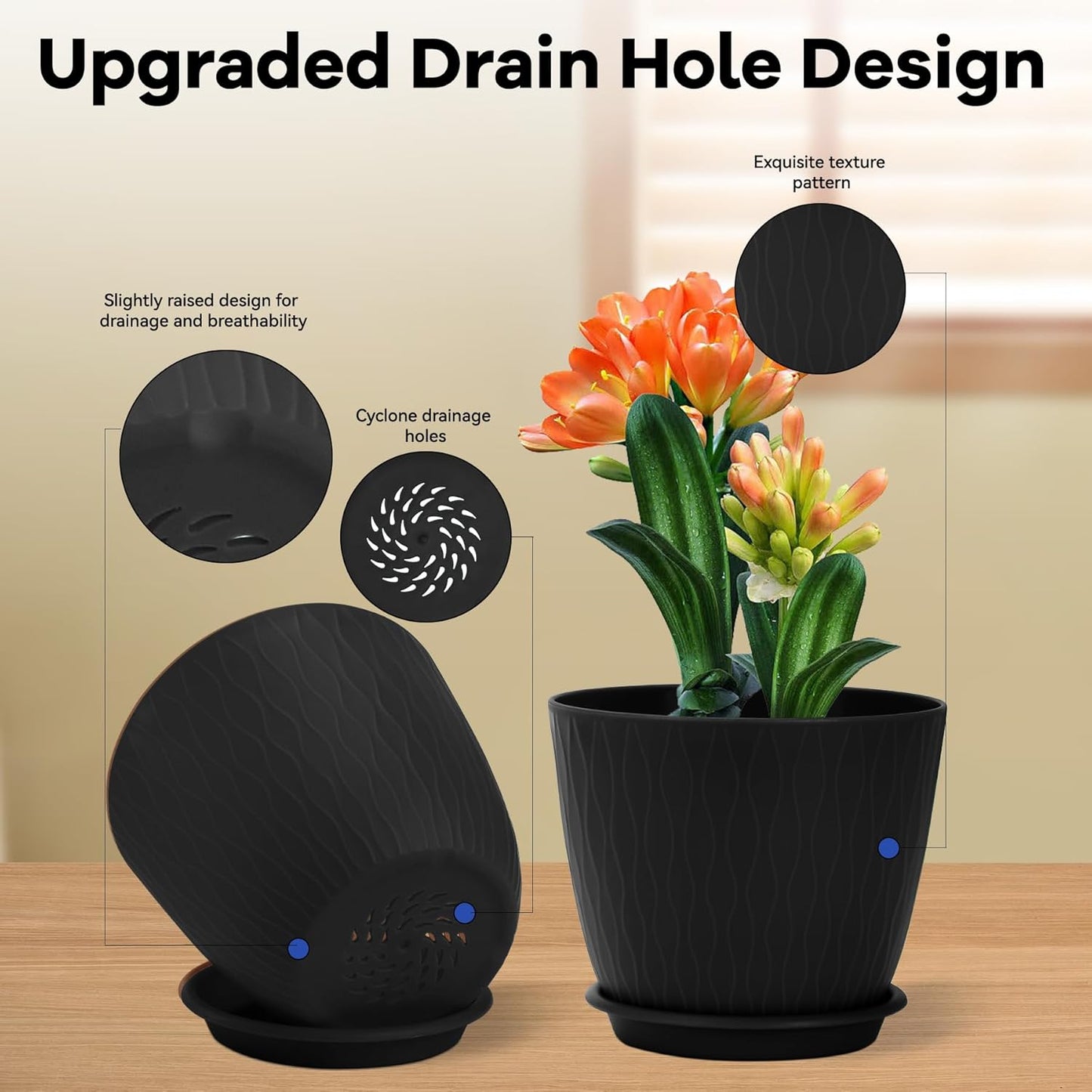 Plant Pots – 6 Inch Planters with Drainage Holes and Saucers, Flower Pots for Indoor and Outdoor Plants, Nursery Planting Pots (Pack of 5, Black)