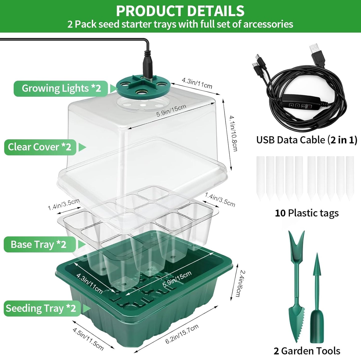 Seed Starter Tray with Plant Light, 2 Pack Grow Lights for Seed Starting Kit with Humidity Domes, Timing Controller Adjustable Brightness for Greenhouse Propagator Station Planting Growing