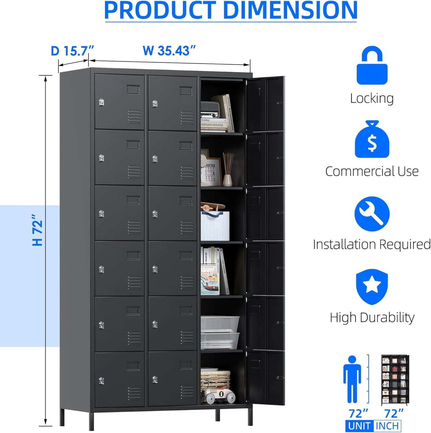 METAN Metal Locker for School Office Gym Bedroom, 18 Doors Black Steel Storage Locker Cabinet for Employees, Industrial Storage Locker, Assembly Required (18 Door-Black)