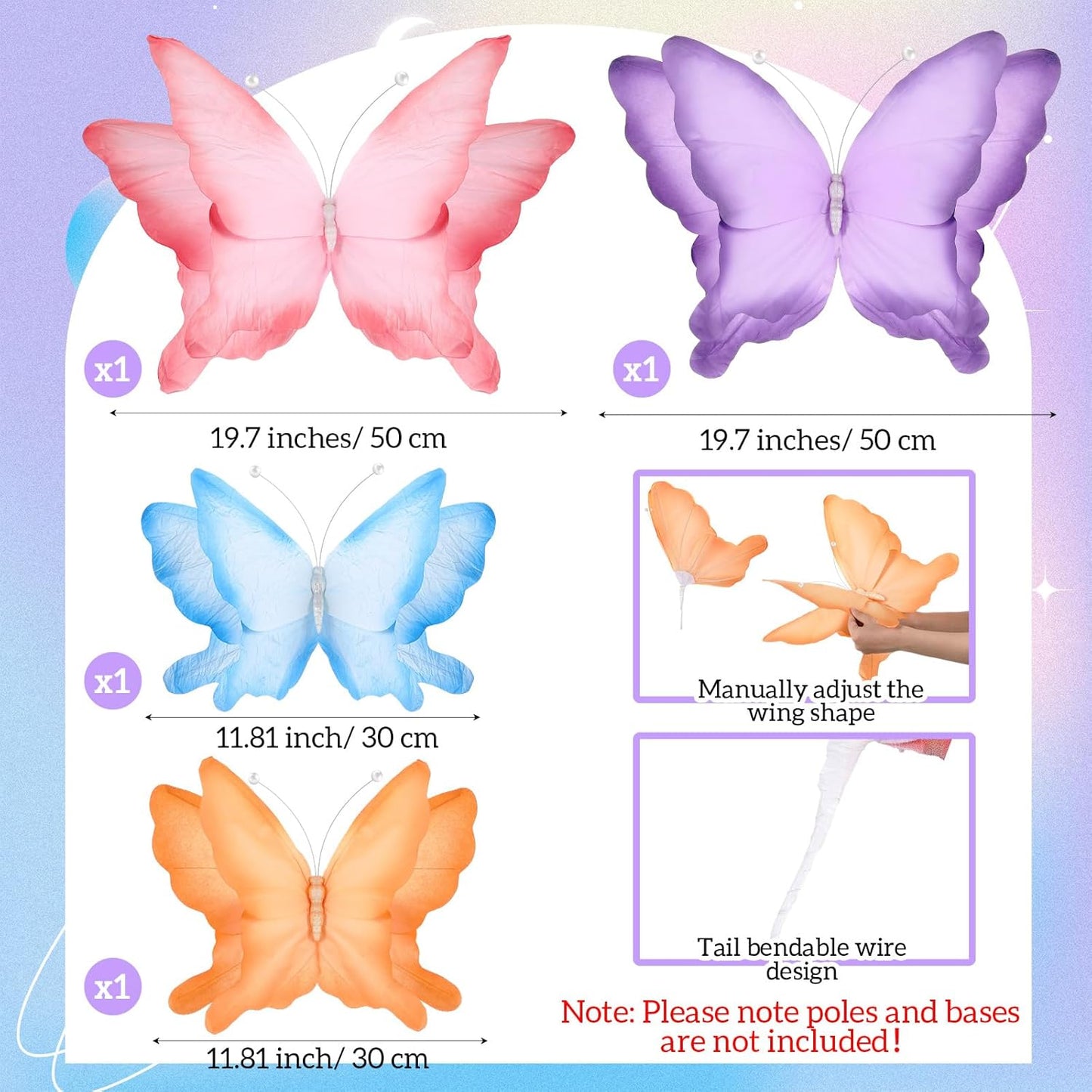 Havawish 4 Pcs Gaint Butterfly for Party Decorations 19.7"/ 11.81" 3D Crepe Paper Hanging Large Butterfly for Women, Flower Paper Party Decorations for Spring Wedding Birthday Garden Nursery Decor
