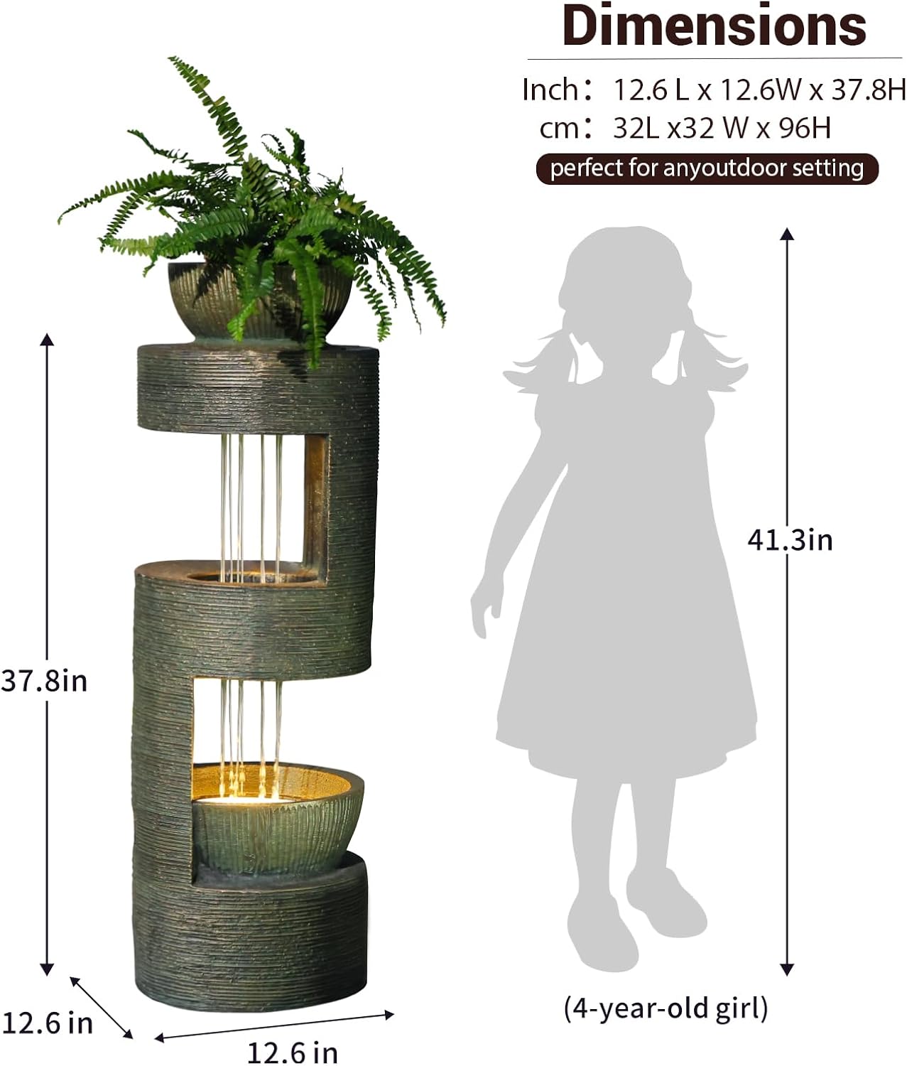 37.8" Outdoor Fountain with Waterfall & LED Lights, Freestanding Garden Water Fountain for Patio/Backyard, Resin Tiered Fountain with Pump