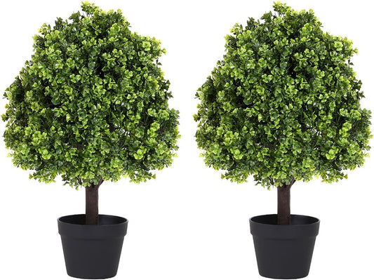 27“ Realistic Artificial Boxwood Topiary Trees Set of 2, Faux Boxwood Plants Outdoor UV-Resistant, No Maintenance Curb Appeal Fake Evergreen Bushes & Shrubs for Front Porch Outside Planter Decor