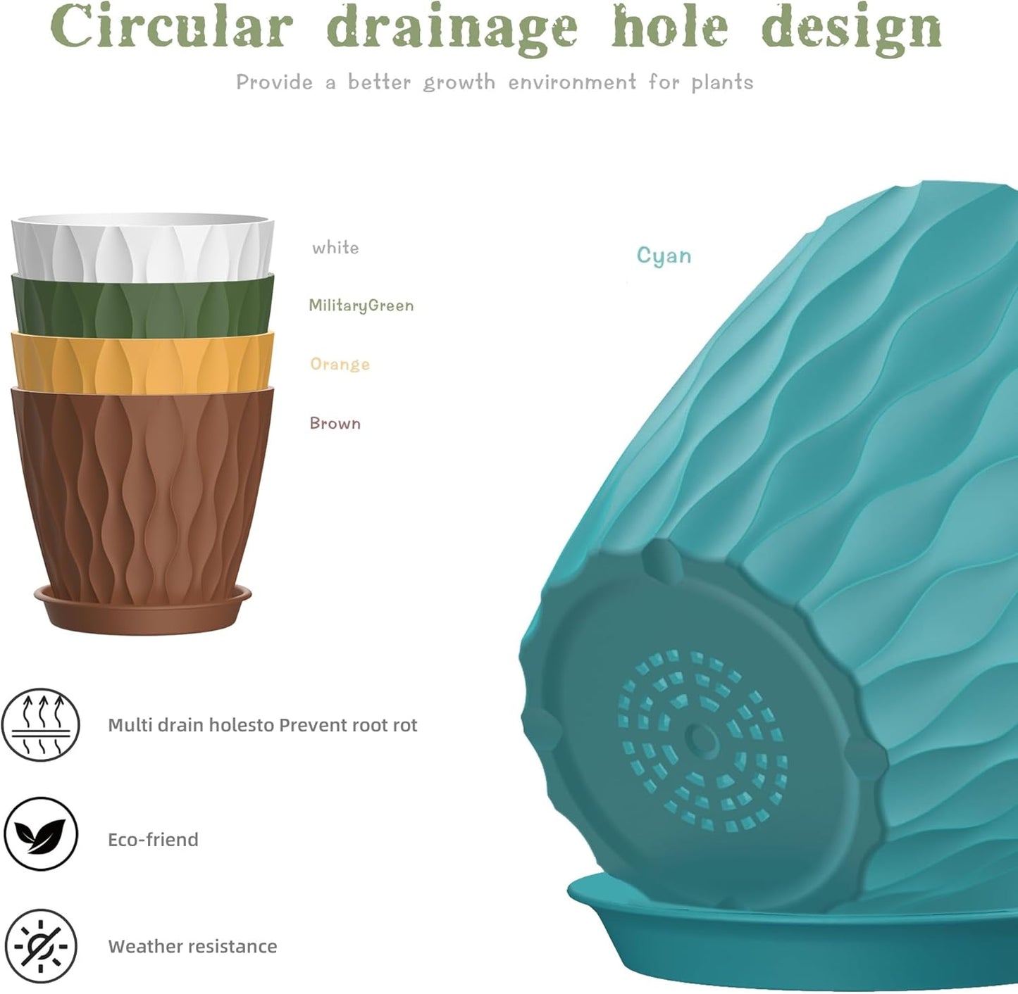 7 Inch Plant Pots 5 Pack, Flower Planters with Drainage Holes and Trays,Plastic Pots for Indoor Outdoor Plants,Multicolor