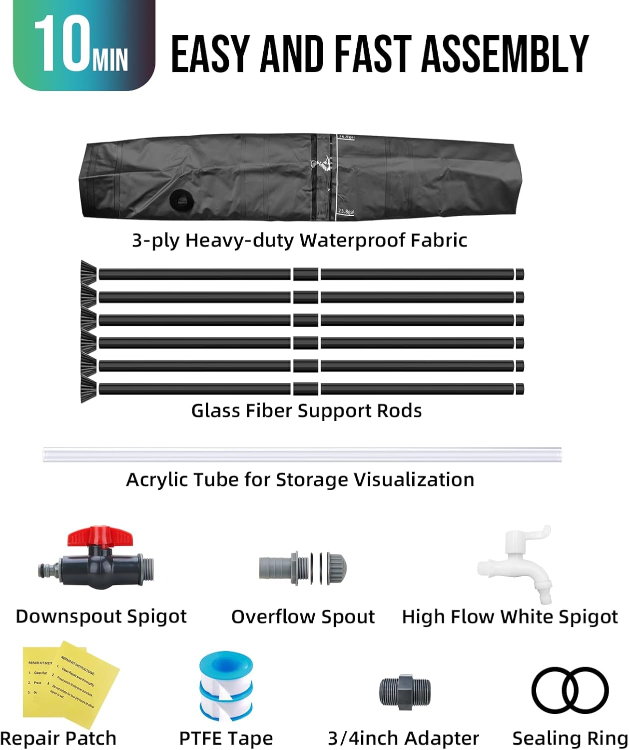 Collapsible Rain Barrel Water Collection System - 53 Gallon Portable Water Storage Tank,Foldable Rainwater Collect System Downspout, Water Catcher Container with Filter, Spigots＆Overflow Kit,Black