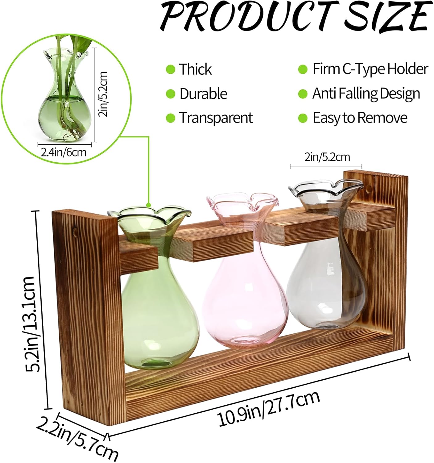 Plant Propagation Station Plant Terrarium Unique Birthday Gifts for Women Plant Lovers Home Office Decor Planter with Wooden Stand - 3 Bulb Glass Vase