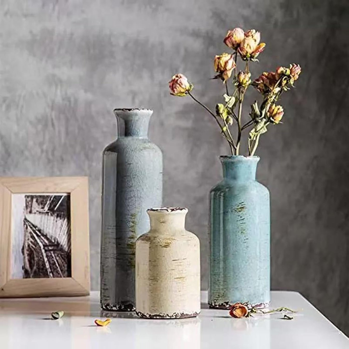 Ceramic Vase Set of 3,Small Rustic Vintage Decorative Vase for Home Decor,Modern Farmhouse Vases for Living Room,Table Shelf,Centerpieces,Fireplace and Entrance Decorative-Multicolor