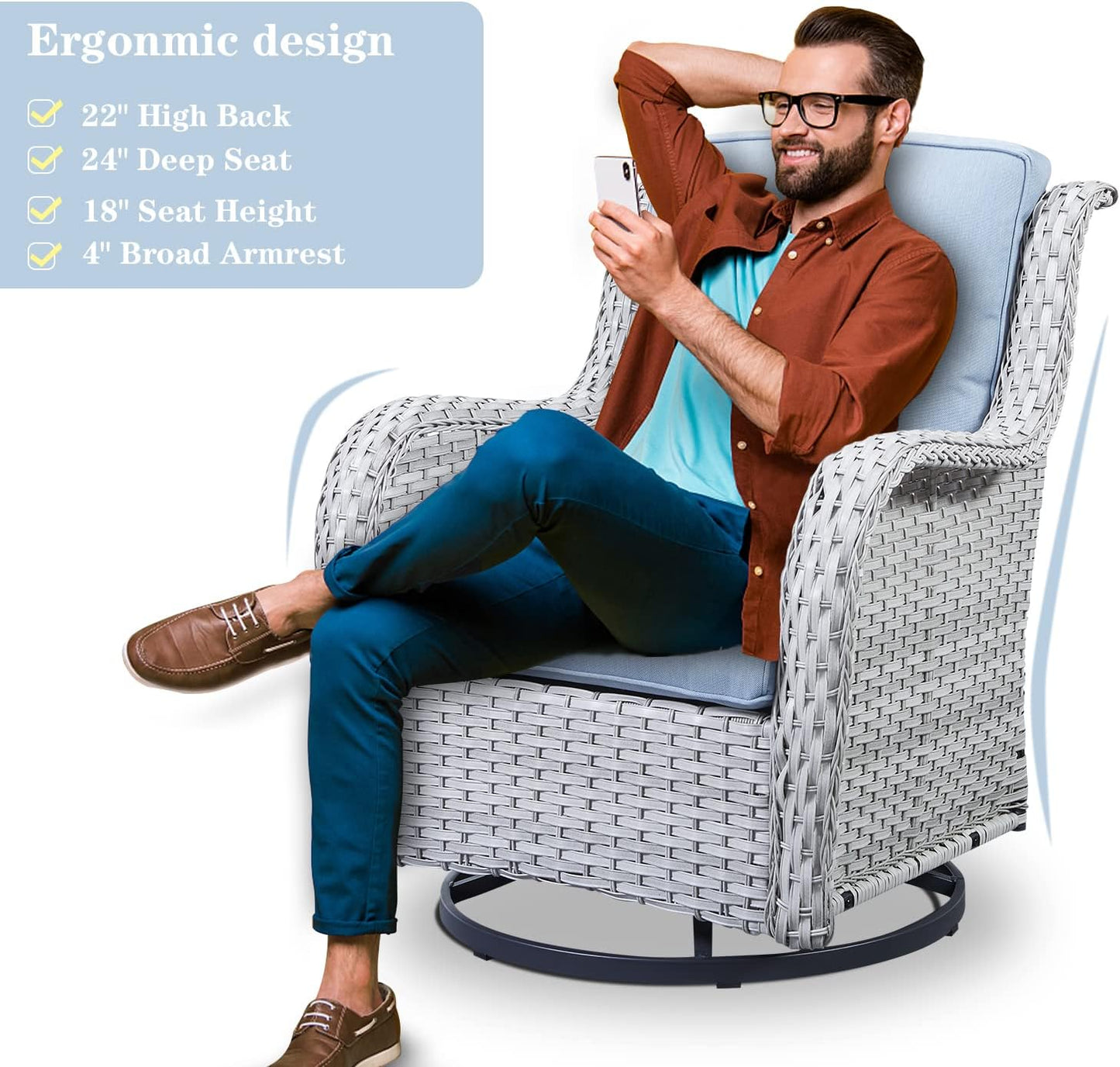 Outdoor Swivel Rocker Furniture 5 Pieces Patio Wicker Furniture Sets, Rattan Patio Swivel Glider Chairs with 2 Ottoman and Glass Side Table